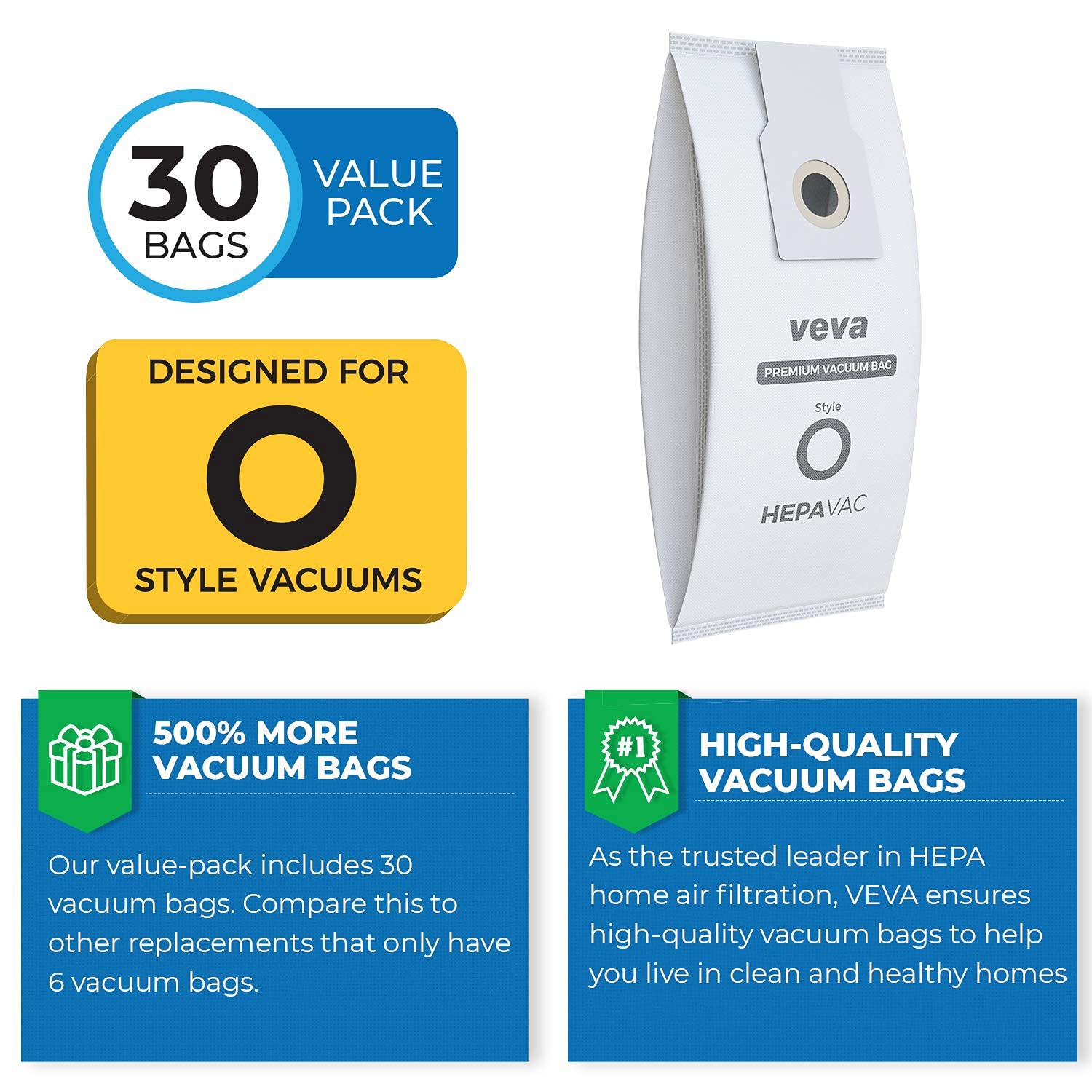 VEVA 30 Pack Premium HEPA Vacuum Bags - Compatible with Kenmore & Sears Upright Vacuum Cleaners (Type O, Part #53293, 53294) - High Efficiency Dust Collection for Allergy Relief & Home Cleaning