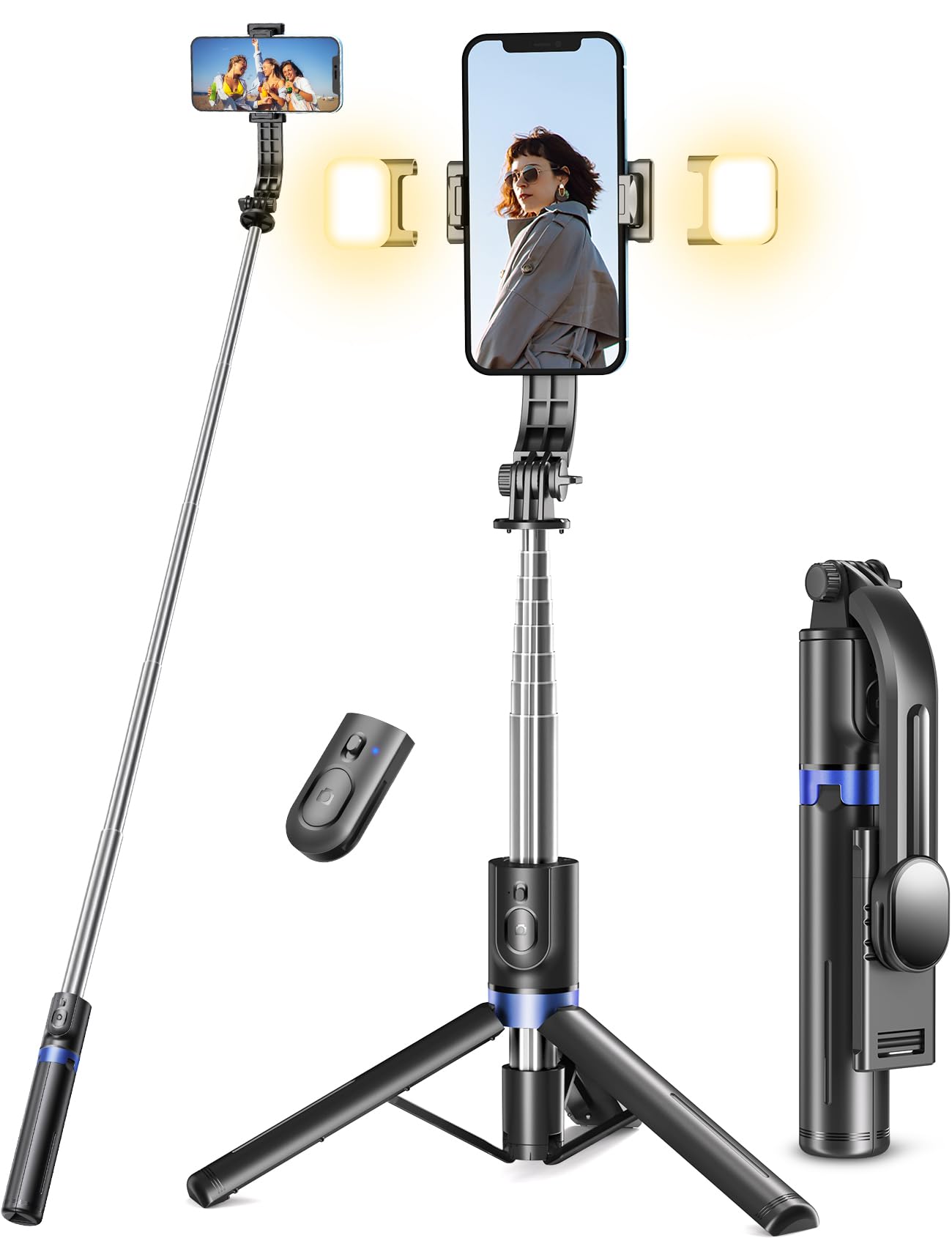 iPhone Selfie Stick with 2 LED Lights - 114cm Extendable Phone Tripod with Wireless Remote | Compatible with Smartphones & Action Cameras | Perfect for Travel, Vlogging & Group Photos