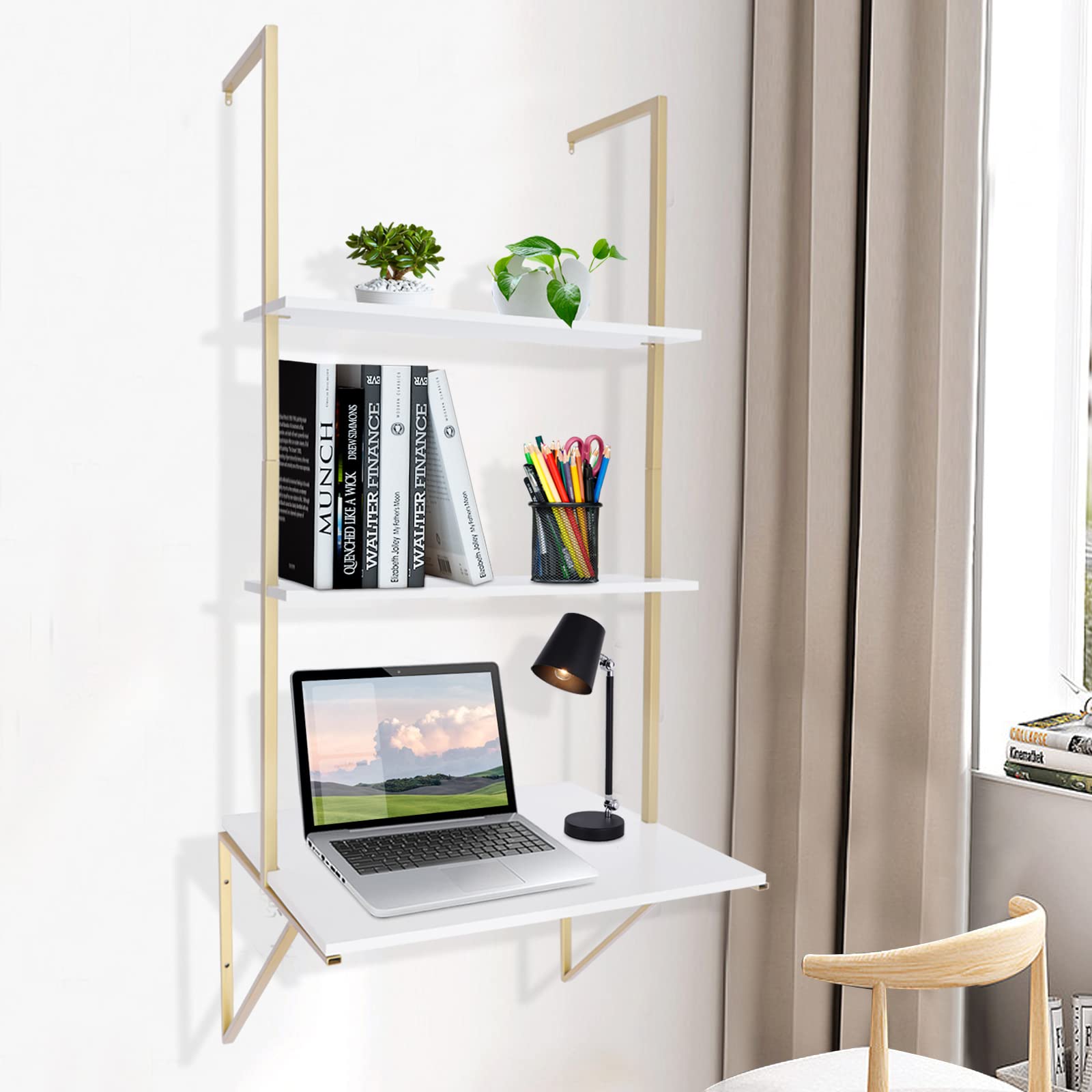 3 Tier Floating Wall Shelf - Gold Standing Ladder Desk for Laundry, Bathroom, Kitchen, Bedroom & Office - Space Saving Decorative Storage & Display Solution