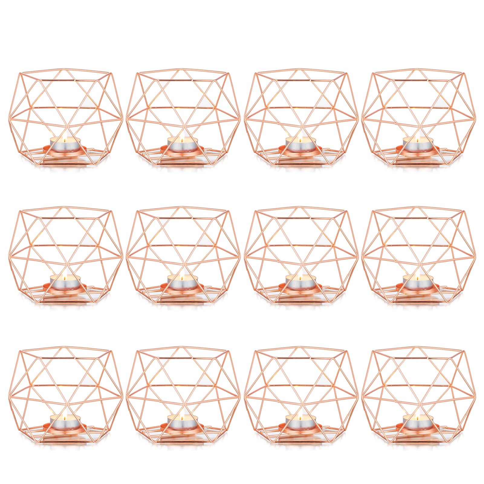 Rose Gold Pillar & Tea Light Candle Holders Set of 12 - Elegant Table Centerpiece for Weddings, Birthday Parties & Home Decor - Perfect for Romantic Dinners, Holiday Decorations & Special Events
