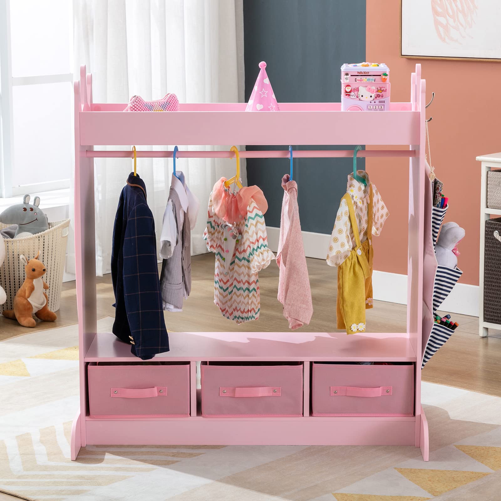 JOYLDIAS Kids Dress Up Storage Organizer with Mirror and 3 Drawers, Pink Playroom Wardrobe for Girls - Costume Closet with Side Pockets & Top Shelf | Perfect for Bedroom, Nursery & Pretend Play Areas