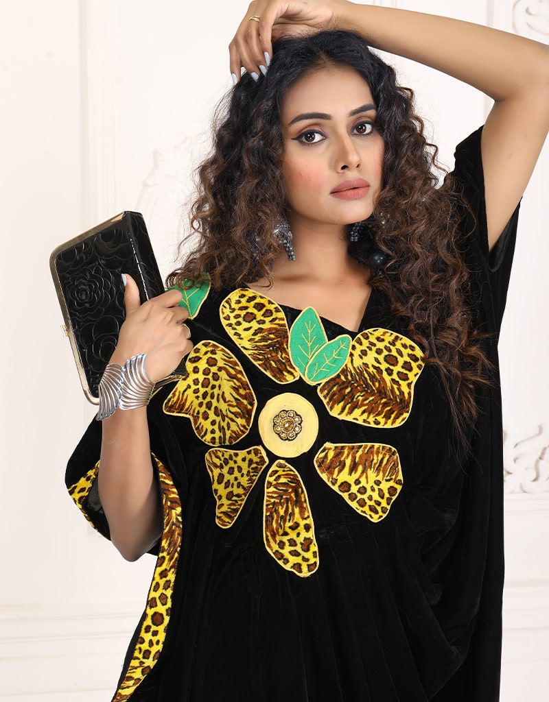 Stylish Arabic Dark Back Multi Printed Velvet Kaftan - Elegant Long Dress for Women, Perfect for Parties, Weddings & Special Occasions
