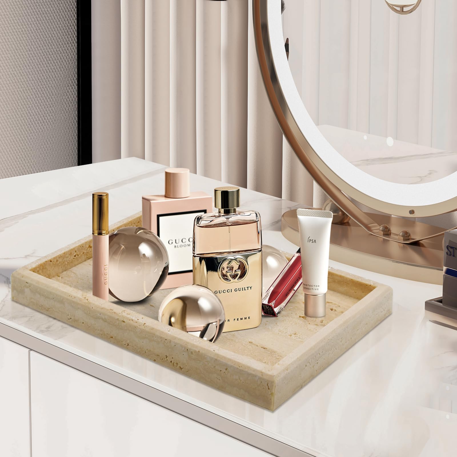 Natural Travertine Stone Tray - Rectangle Bathroom Vanity Organizer for Jewelry, Cosmetics & Perfume | Kitchen & Desktop Decorative Tray for Candles, Lotion & Home Decor | Perfect for Spa Days, Wedding Gifts & Luxury Bathroom Storage
