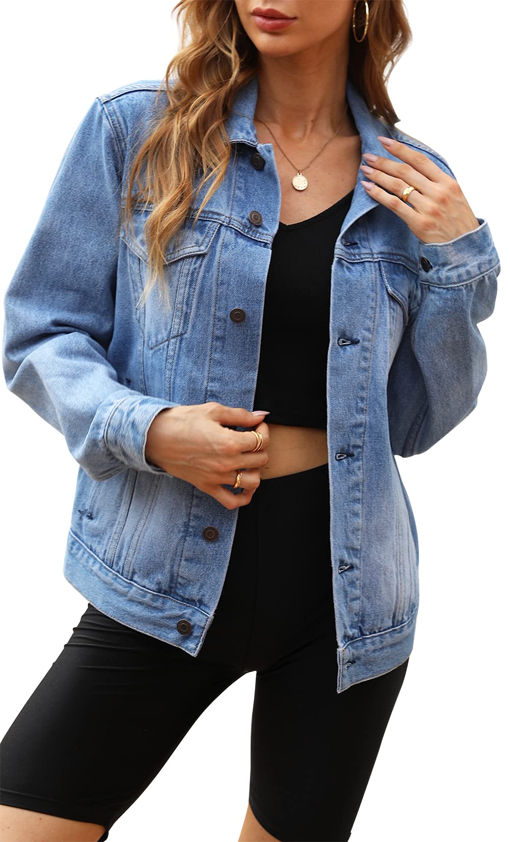 Vintage Washed Oversized Boyfriend Denim Jacket for Women - Classic Loose Fit Distressed Jean Trucker Jacket 703 | Casual Outfits, Street Style & Layering Essential
