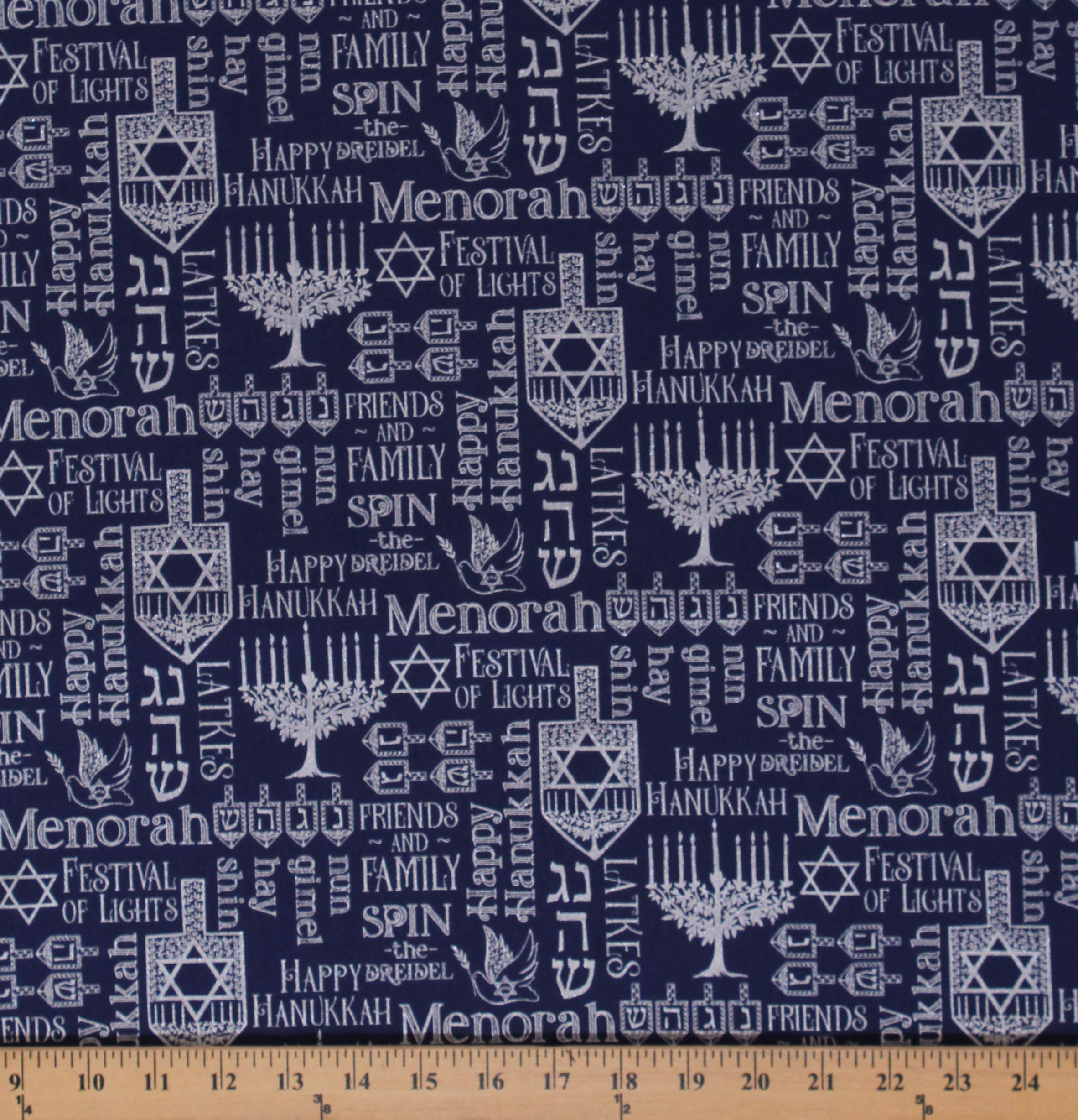 Happy Hanukkah Menorah Candles Star of David Jewish Hebrew Faith Navy Blue Cotton Fabric by The Yard - Perfect for DIY Hanukkah Decorations, Quilting, and Jewish Holiday Crafts