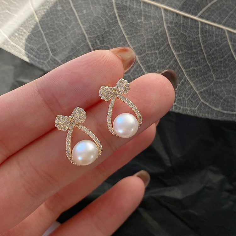 Classic Pearl Bow Ribbon Stud Earrings for Women | Elegant Dainty Jewelry Gift for Her | Perfect for Weddings, Parties & Everyday Wear (D3006)