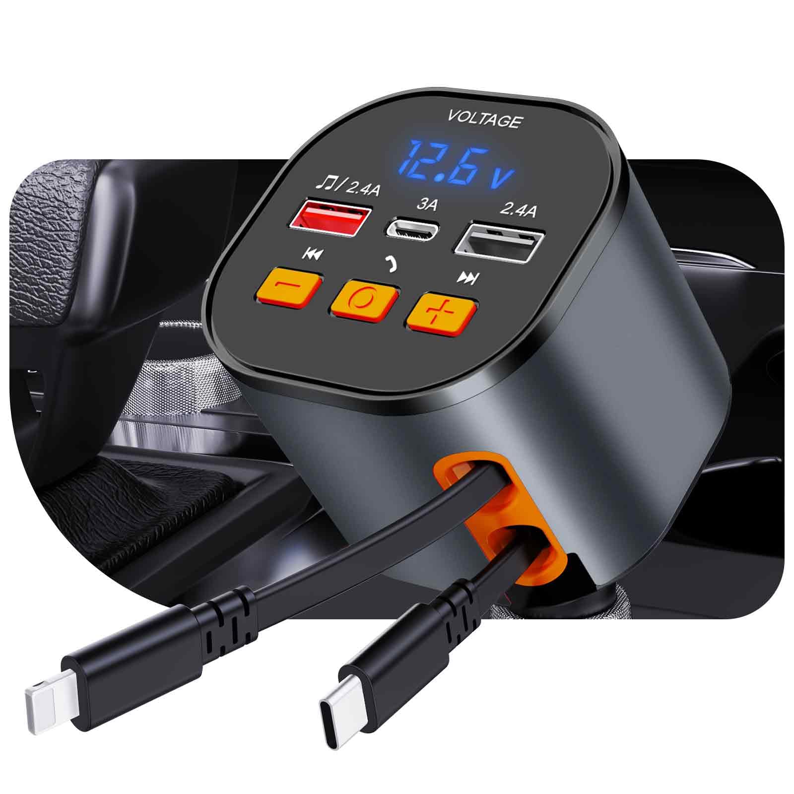5-in-1 Retractable Car Charger with Bluetooth 5.3 FM Transmitter & 90W Fast Charging - Hands-Free Calling, 2 Retractable Cables & USB Port - Compatible with iPhone 16/15/14, Galaxy & Pixel - Perfect for Road Trips & Daily Commutes