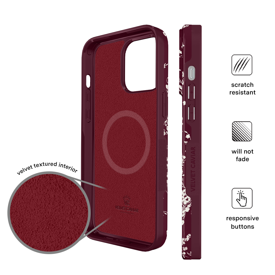 Elegant French Burgundy Floral Pattern iPhone Case - Stylish Protective Cover for iPhone 13/14/15 Pro Max - Perfect for Daily Use, Travel & Gift Giving