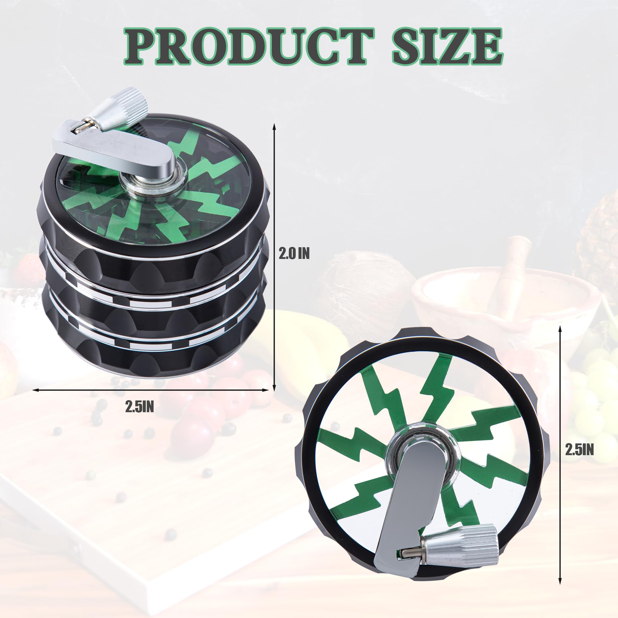 2.5 Inch Hand Crank Aluminum Herb Grinder with Clear Top - Large Black Spice Crusher for Kitchen, Cooking & Baking - Perfect for Grinding Herbs, Spices & Tobacco