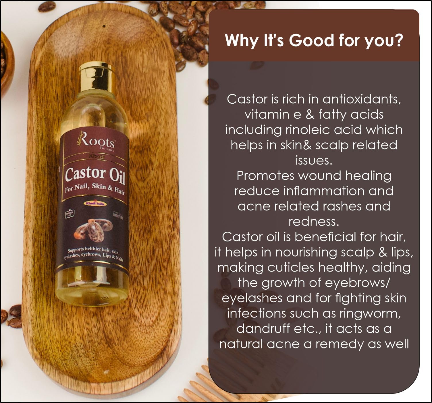 Roots Botanix Cold Pressed Pure & Extra Virgin Castor Oil for Hair Growth, Eyelashes & Nails | Natural Skin Care Nutrient | No Mineral Oil & Silicones | 200ml | Perfect for Hair Masks, Lash Serums & DIY Beauty Treatments