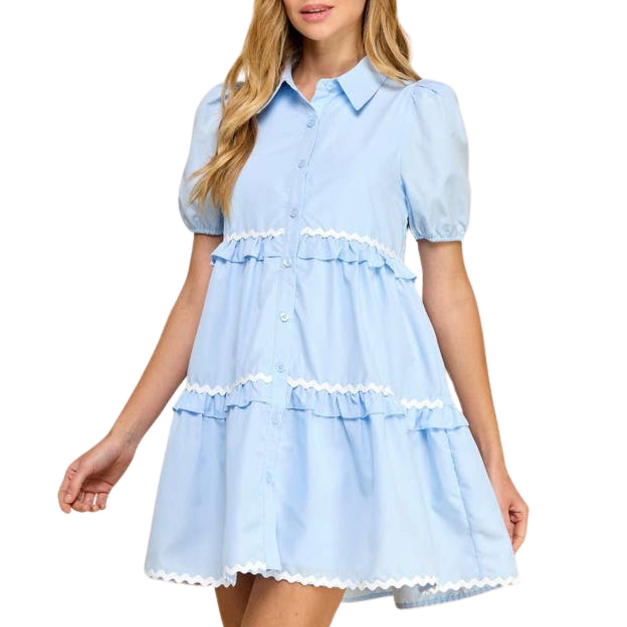 Stylish Zigzag Detail Short Puff Sleeve Shirt Dress for Women | Trendy Casual & Office Wear | Perfect for Spring Summer Outfits, Dates, and Work