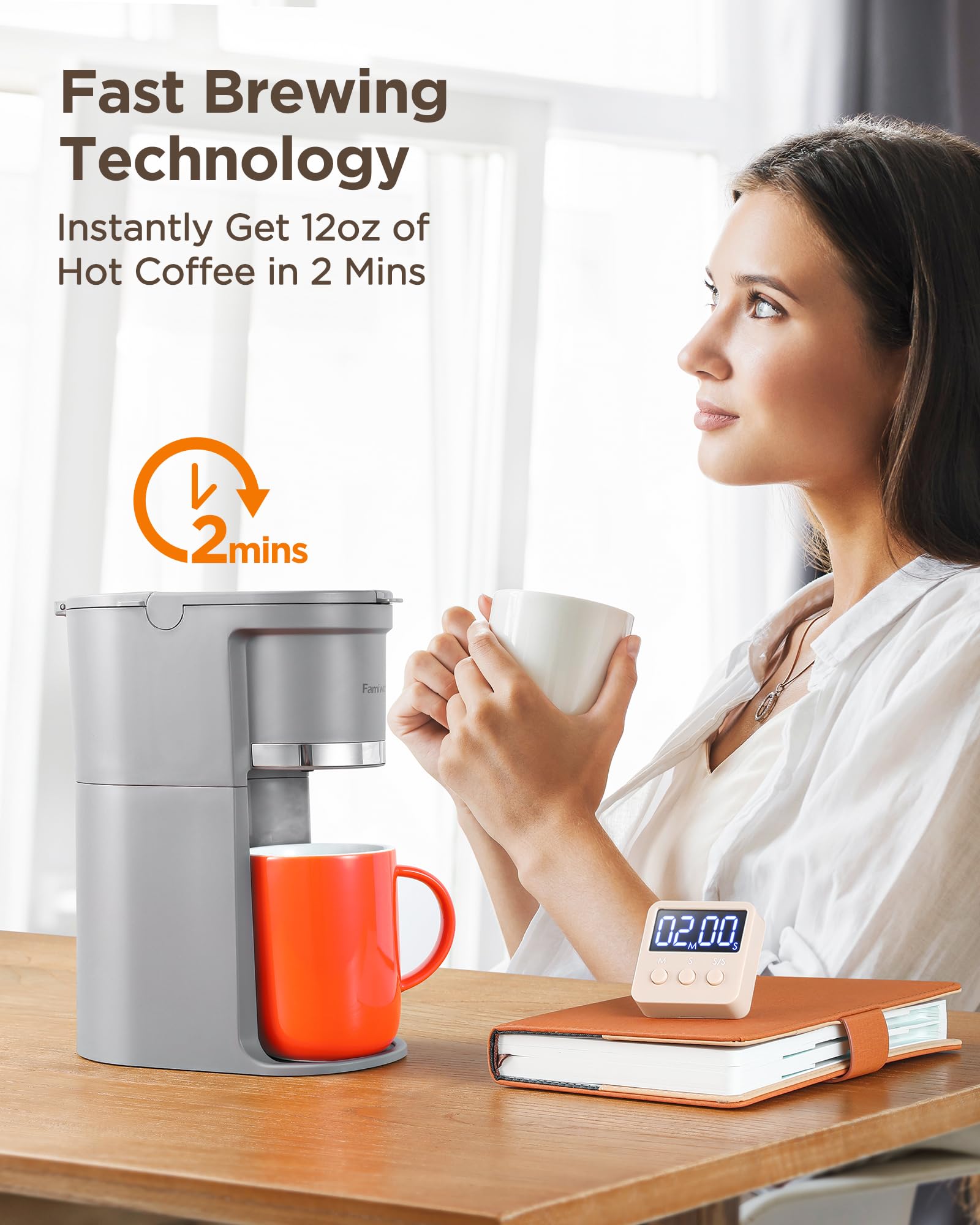 Famiworths Mini Single Serve Coffee Maker for K-Cups & Ground Coffee - 6 to 12 Oz Brew Sizes, Compact Capsule Coffee Machine with Water Window & Descaling Reminder - Perfect for Home, Office, Dorm & Travel (Gray)