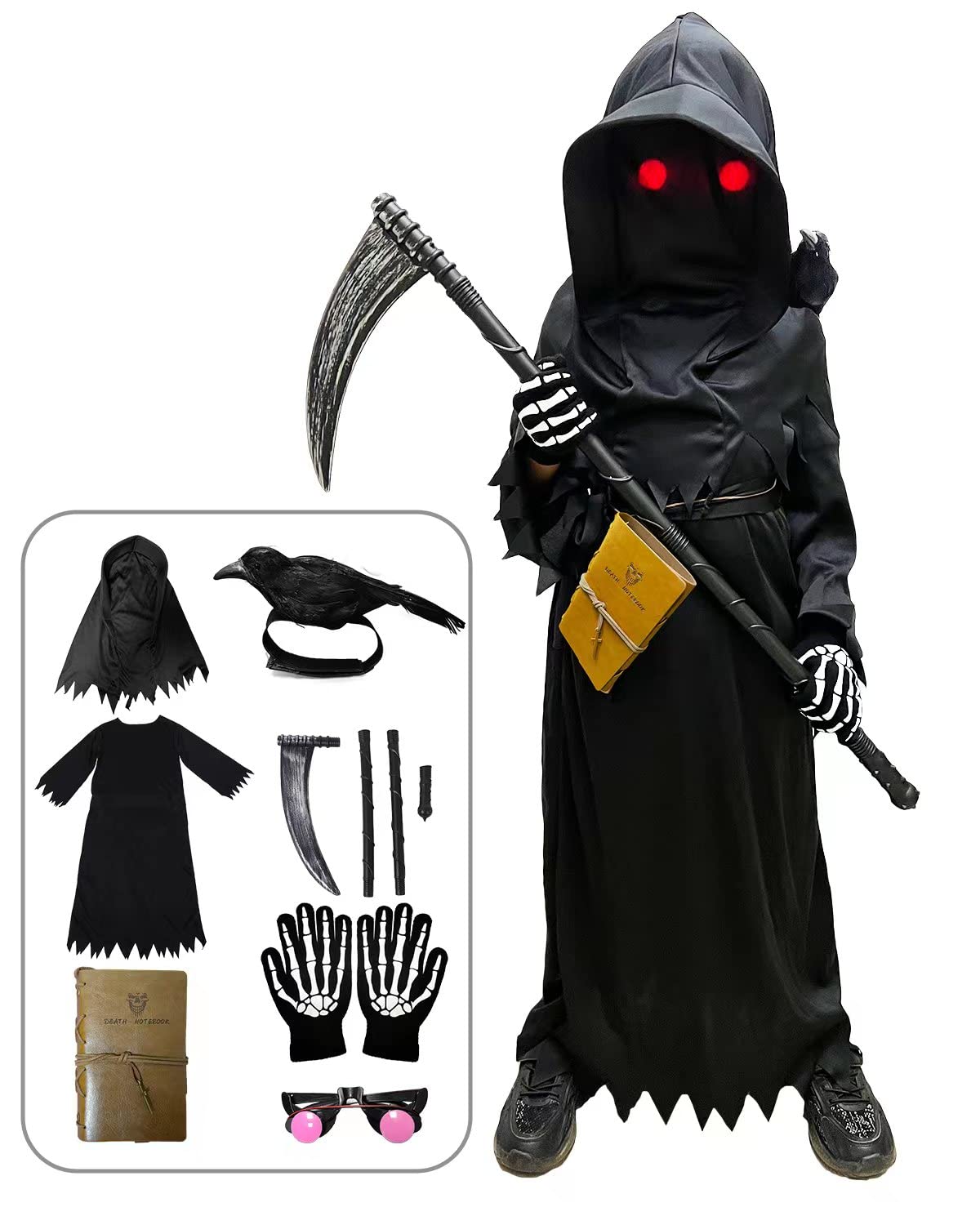 Grim Reaper Costume for Boys - Scary Halloween Outfit Kids Set with Scythe | Ghost Cosplay Costume for Halloween Party & Trick or Treat | Perfect Halloween Gift for Boys
