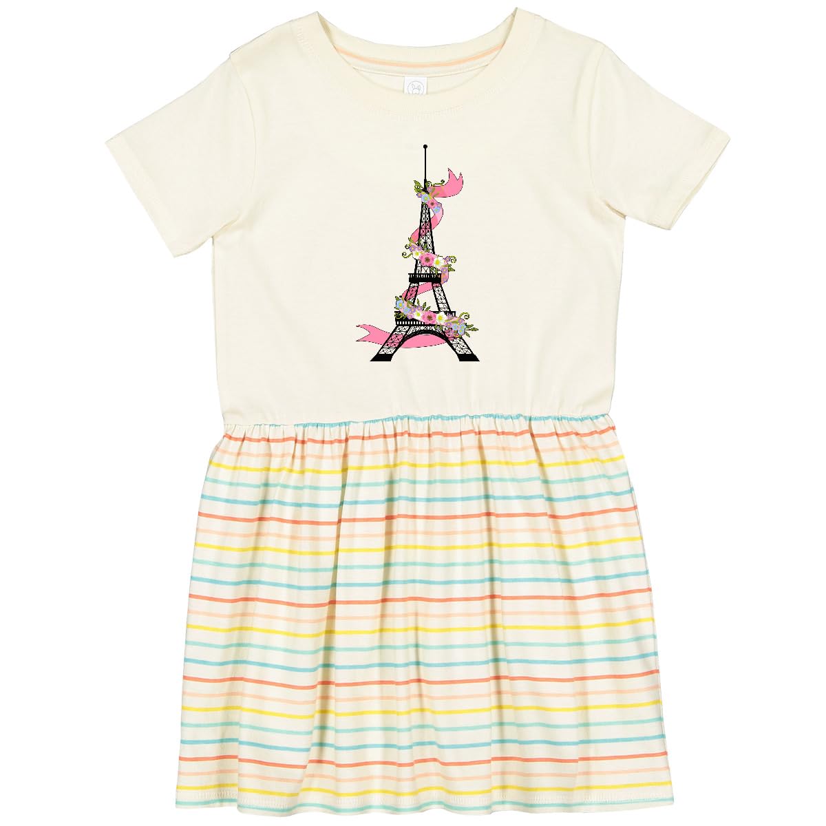 Inktastic Eiffel Tower in Paris with Flowers and Pink Banner Toddler Dress - Cute French Themed Baby Girl Outfit for Photoshoots, Birthday Parties & Special Occasions