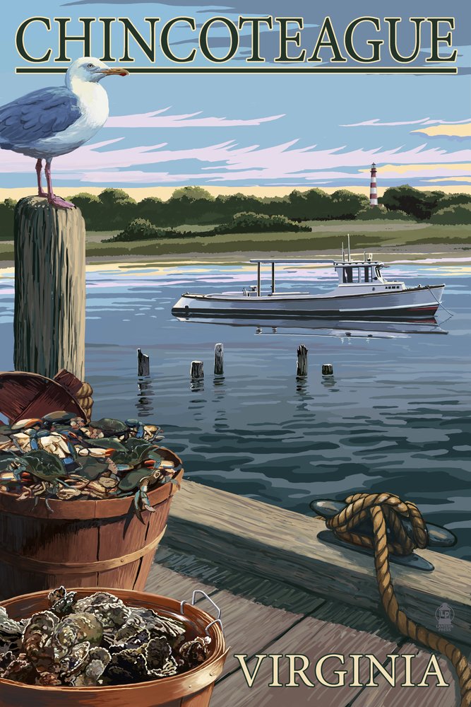 Signed 24x36 Chincoteague Virginia Blue Crab & Oysters Dock Art Print - Coastal Wall Decor Poster for Beach House, Seafood Restaurant & Nautical Theme Rooms