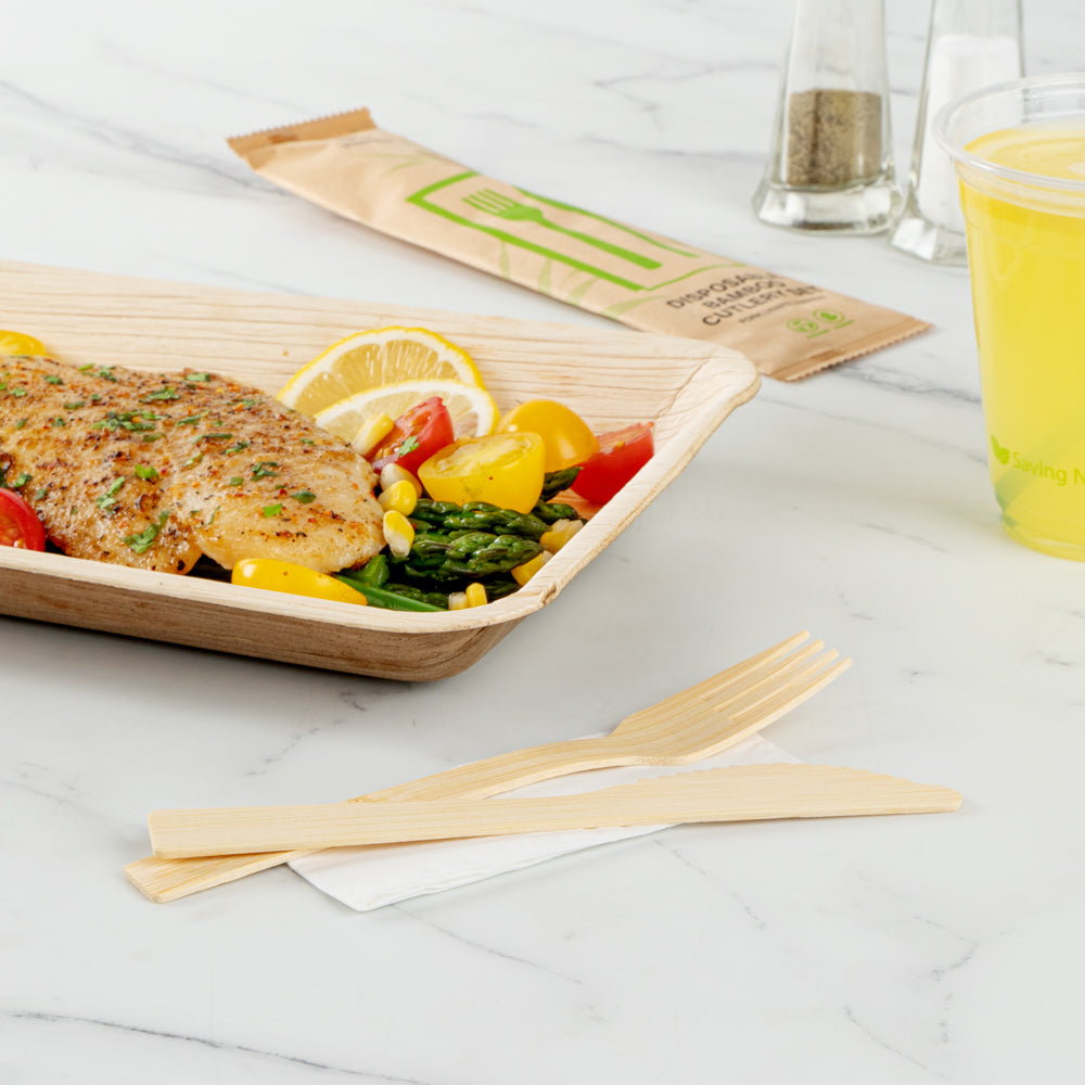 Eco-Friendly Bamboo Disposable Cutlery Set - 100-Piece Fork & Knife Combo with White Napkins & Kraft Paper Pouch | Biodegradable Picnic, Party, Camping & Travel Utensils