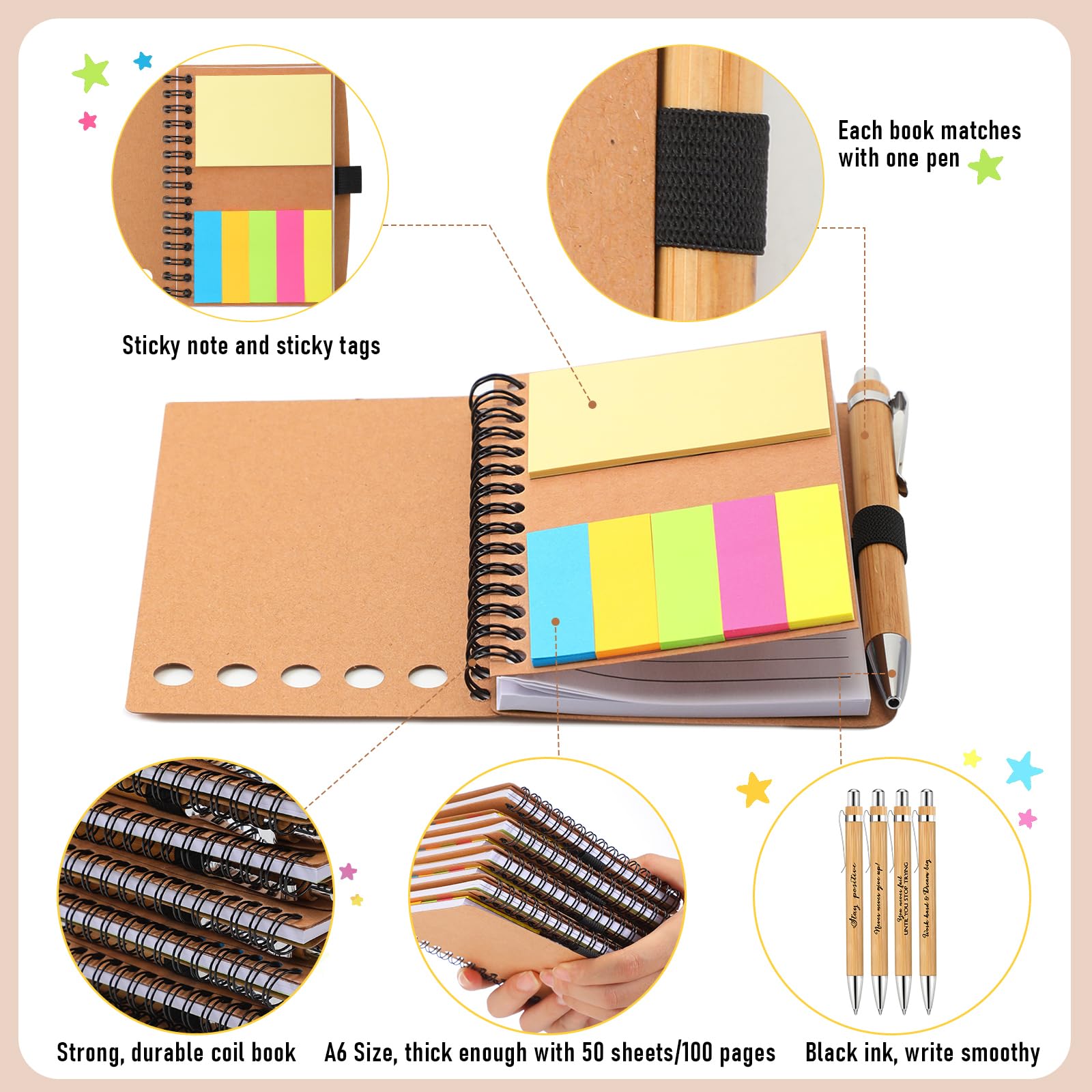 20 Sets Inspirational Notebook and Pen Gift Set - Spiral Journal Notepad with Sticky Notes & Motivational Bamboo Ballpoint Pen - Perfect for Teacher Appreciation, Employee Recognition, Team Gifts (Bulk Office Supplies for Workplace Motivation)