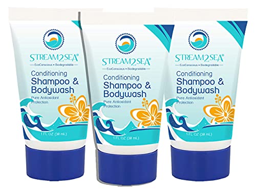 3-in-1 Shampoo, Conditioner & Body Wash - Reef Safe, Paraben Free, All Natural Travel Size (1 Fl oz) for Camping, Hiking & Outdoor Adventures | Multi-Purpose Skin & Hair Care Solution | Pack of 3 by Stream2Sea