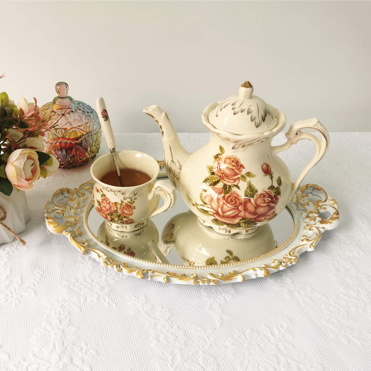 Ham Oval Floral Wall Mirror Tray - Elegant Dresser Organizer & Decorative Perfume Tray - White Serving Tray 9.5’’ X 14.5’’ - Perfect for Vanity Decor, Jewelry Display & Coffee Table Centerpiece