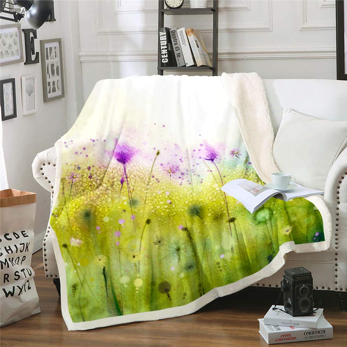 Erosebridal Purple Cosmos Floral Sherpa Blanket - Soft Fleece Throw for Women, Girls & Kids - 90