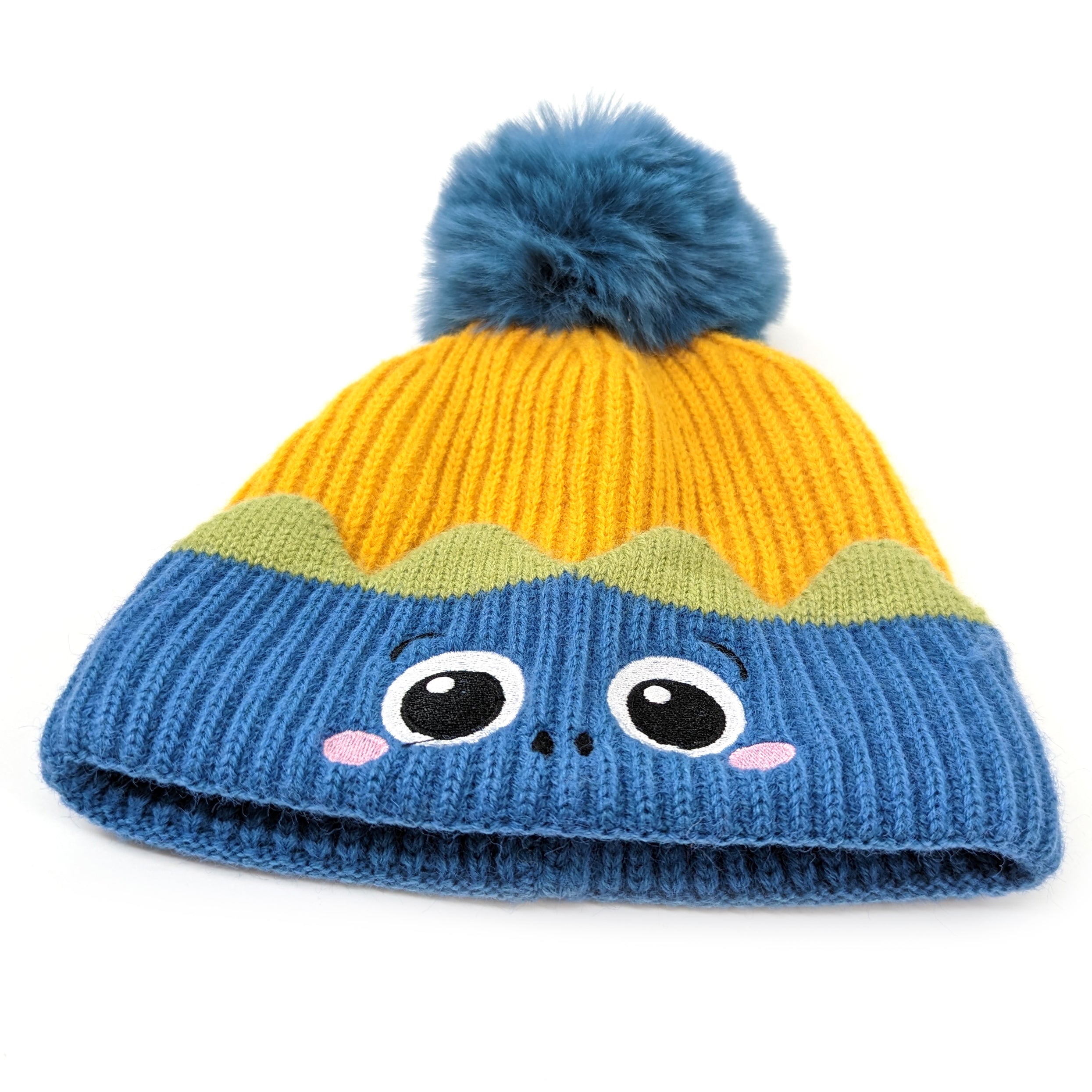 Kids Monster Bobble Hat - Blue & Yellow Winter Beanie for Boys & Girls (Ages 2-8) | Warm Cute Animal Ear Hat for Outdoor Play, Snow Days & Christmas Photos