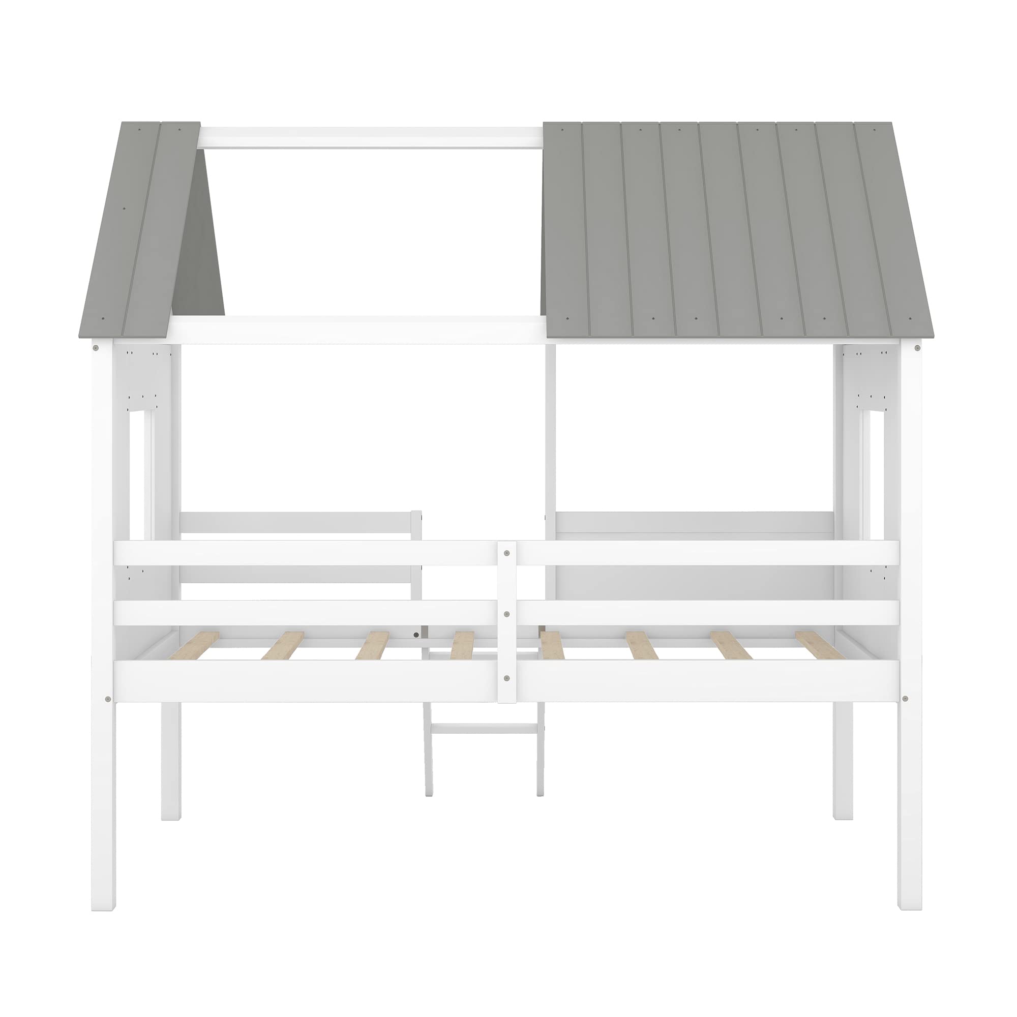 Harper & Bright Designs Twin Size Wooden House Bed Frame for Kids & Teens - Low Loft Bed with Side Windows & Roof - No Box Spring Needed (White+Gray) - Perfect for Small Bedrooms, Playrooms & Kids' Sleepovers