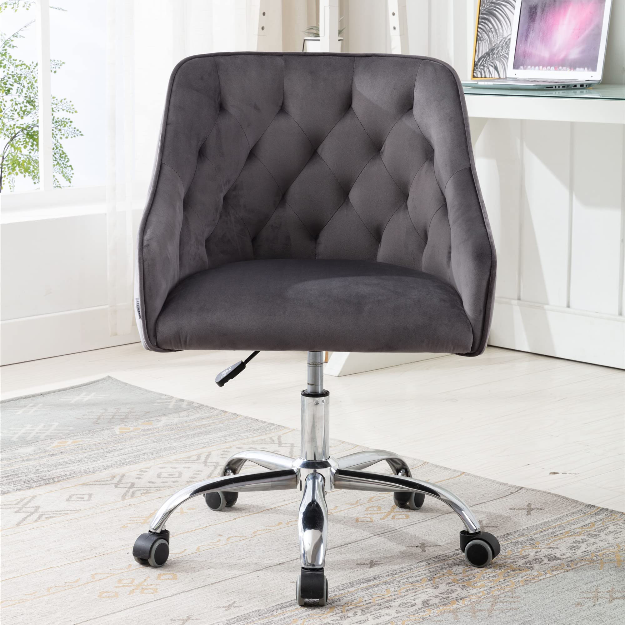 Premium Velvet Home Office Chair - Adjustable Swivel Desk Chair with Lumbar Support for Work, Gaming & Study - Modern Upholstered Executive Task Chair in Dark Gray for Office, Bedroom & Vanity