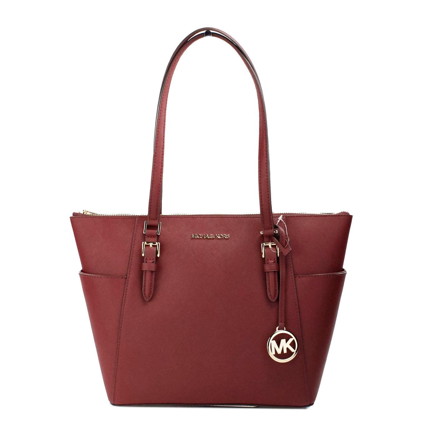 Michael Kors Charlotte Large Top Zip Tote Handbag for Women - Dark Cherry Leather Shoulder Bag with Spacious Interior, Perfect for Work, Travel & Everyday Use