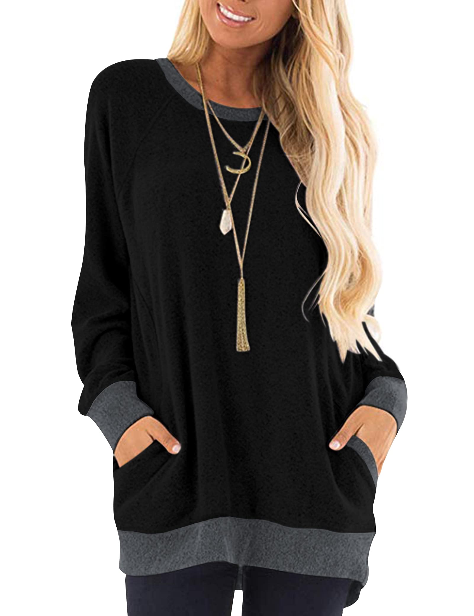 MISFAY Women's Casual Long Sleeve Round Neck Pocket T-Shirt Blouse Tunic Sweatshirt Top - Comfortable Loungewear for Everyday Wear, Work & Outings