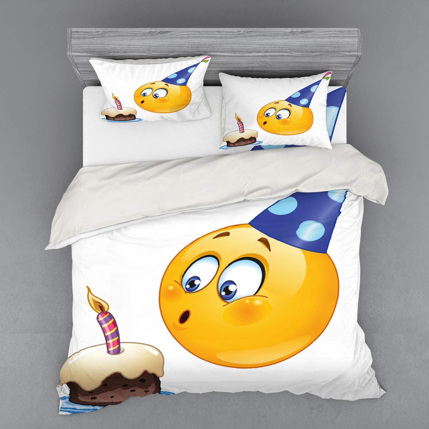 Ambesonne Birthday Party Duvet Cover Set - Happy Face Celebration Themed Cone Hat Blowing Cake Print 4-Piece Bedding Set with Shams & Fitted Sheet, King Size, Dark Blue & Yellow - Perfect for Birthday Decorations, Themed Bedrooms & Party Room Decor