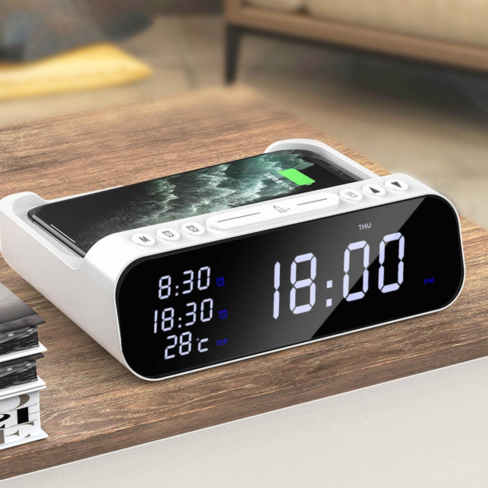 3 in 1 Wireless Charging Alarm Clock with 15W Fast Qi Charging & USB Port - Adjustable Volume, LED Dimmer for Bedroom, Office & Home Use - Perfect for Nightstands, Desks & Travel Accessories