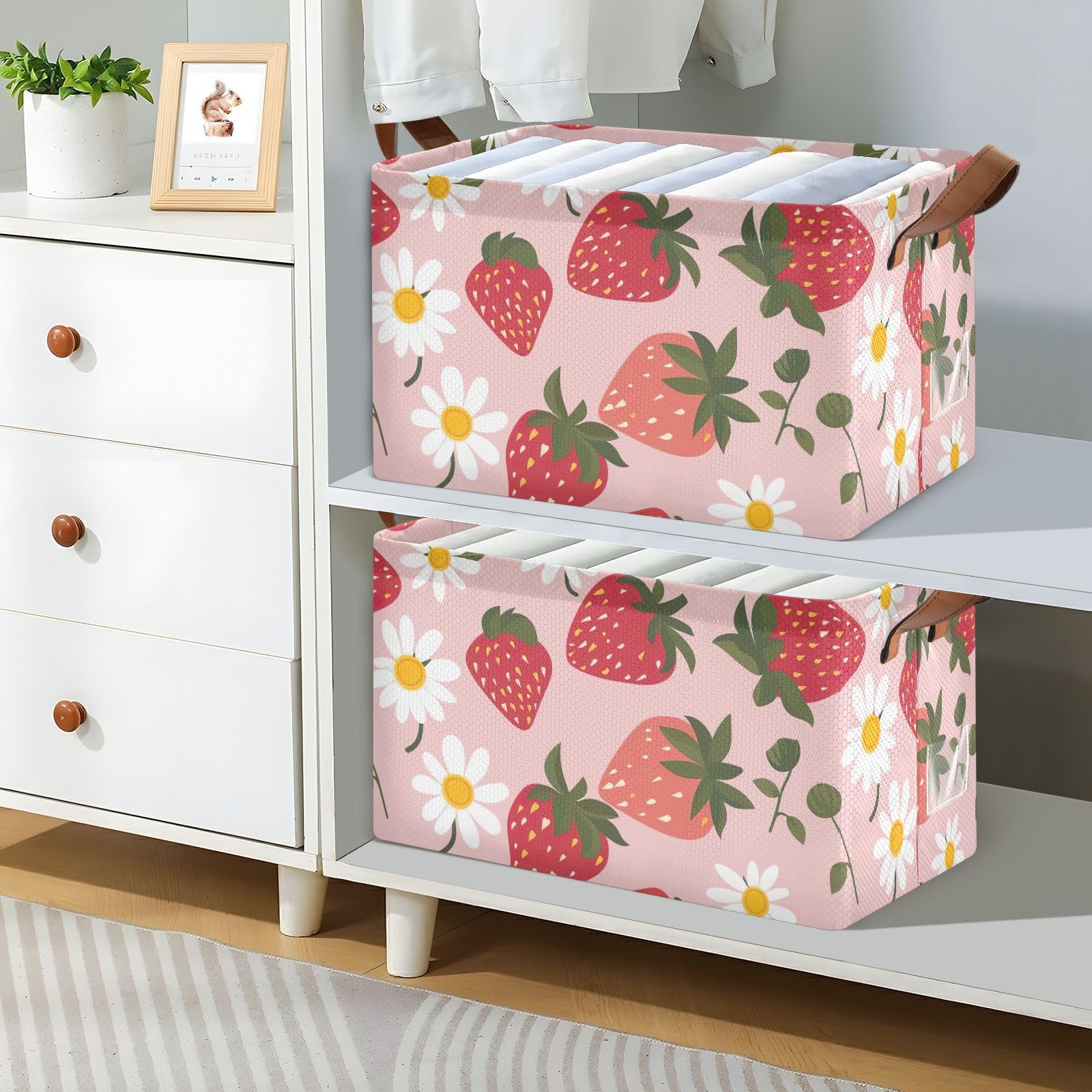 Foldable Storage Bins with Handles - 2 Pack Strawberry Flower Pattern Shelves & Cubes Baskets (16.9