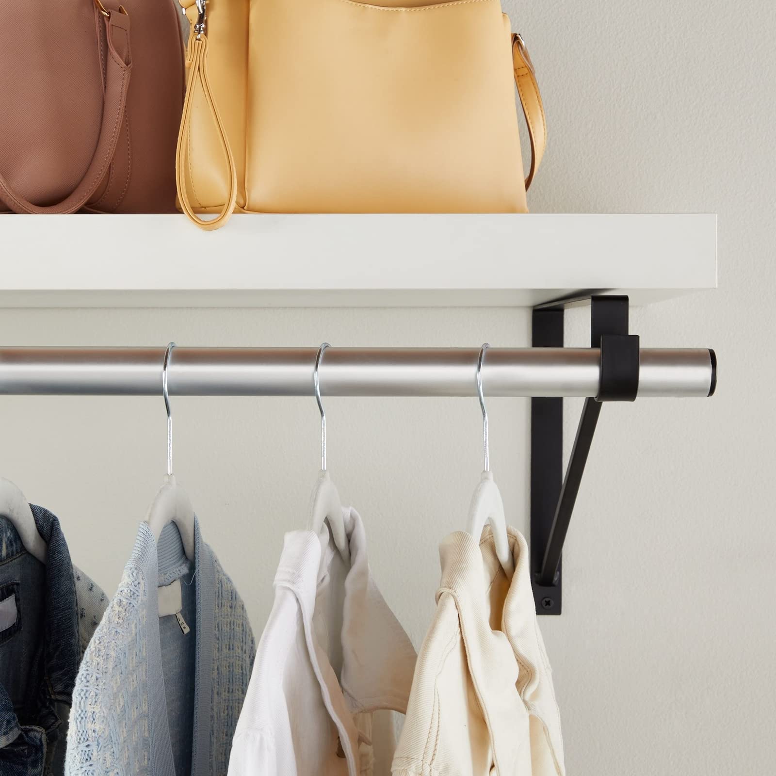 Okuna Outpost 4 Pack Black Metal Closet Shelf Bracket with Rod Holder - Heavy Duty Closet Organizer for Shelving & Home Storage (12.5 x 1 x 9.5 Inches) - Perfect for Bedroom Closet Organization, Laundry Room & DIY Home Improvement Projects