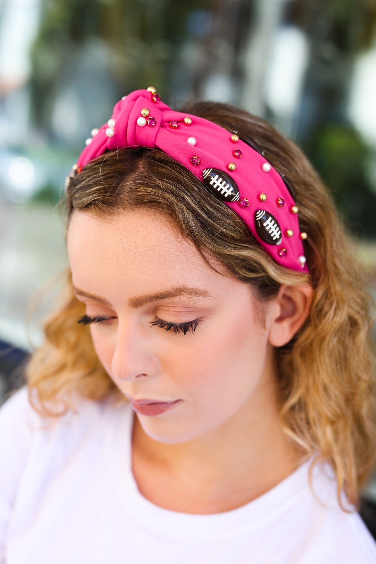 Fuchsia Stone & Gem Embellished Football Top Knot Headband for Women - Stylish Hair Accessory for Sports, Games, and Casual Wear