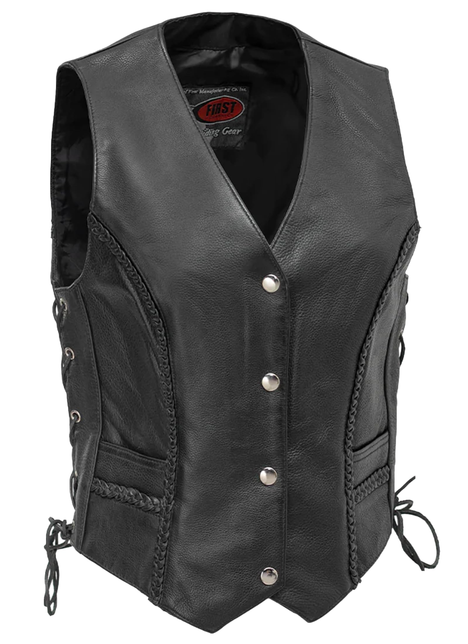 First Mfg Co Trinity Women's Black Leather Motorcycle Vest - Stylish Biker Jacket for Riding & Casual Wear