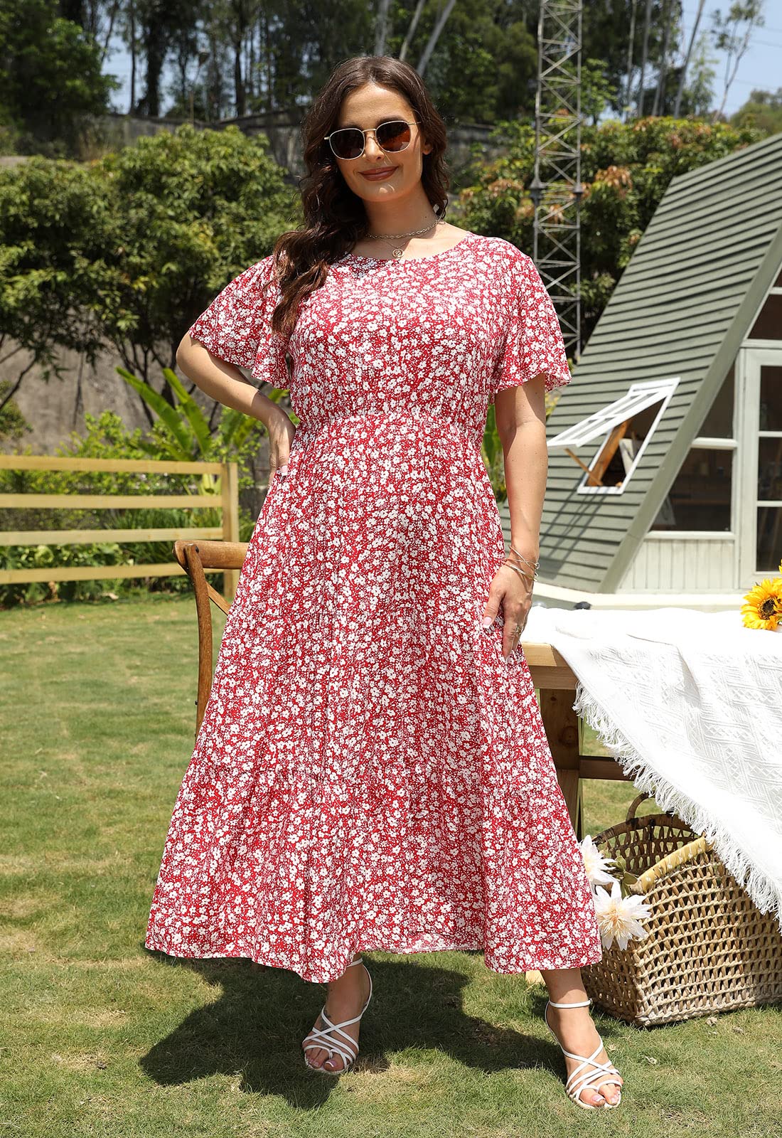 Nemidor Women's Plus Size Boho Floral Print Casual Layered Flared Maxi Dress with Pockets - Perfect for Beach Vacations, Summer Outings & Boho Chic Fashion