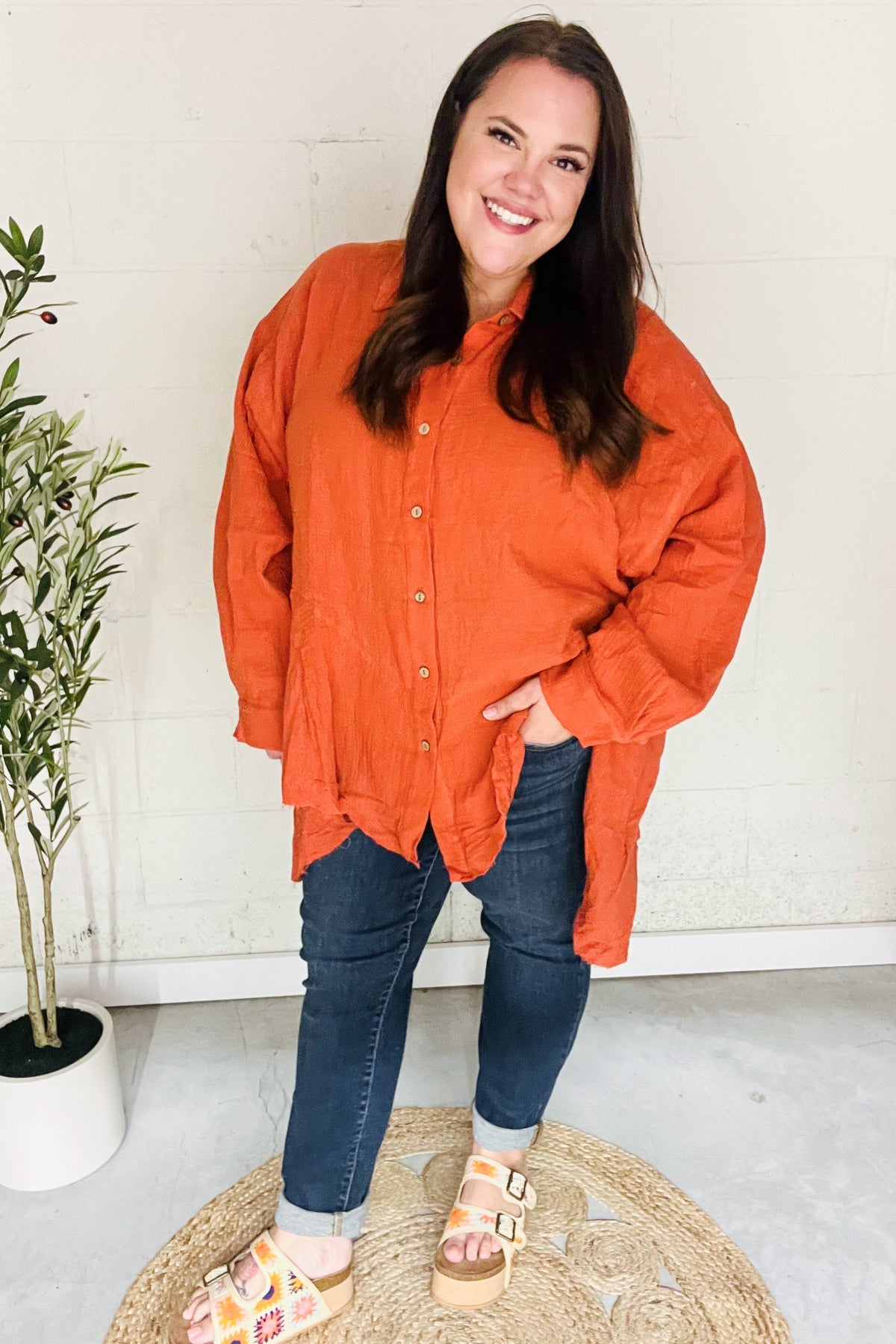 Stylish Rust Button Down Sharkbite Cotton Tunic Top for Women | Comfortable Everyday Wear | Perfect for Office, Casual Outings & Date Nights