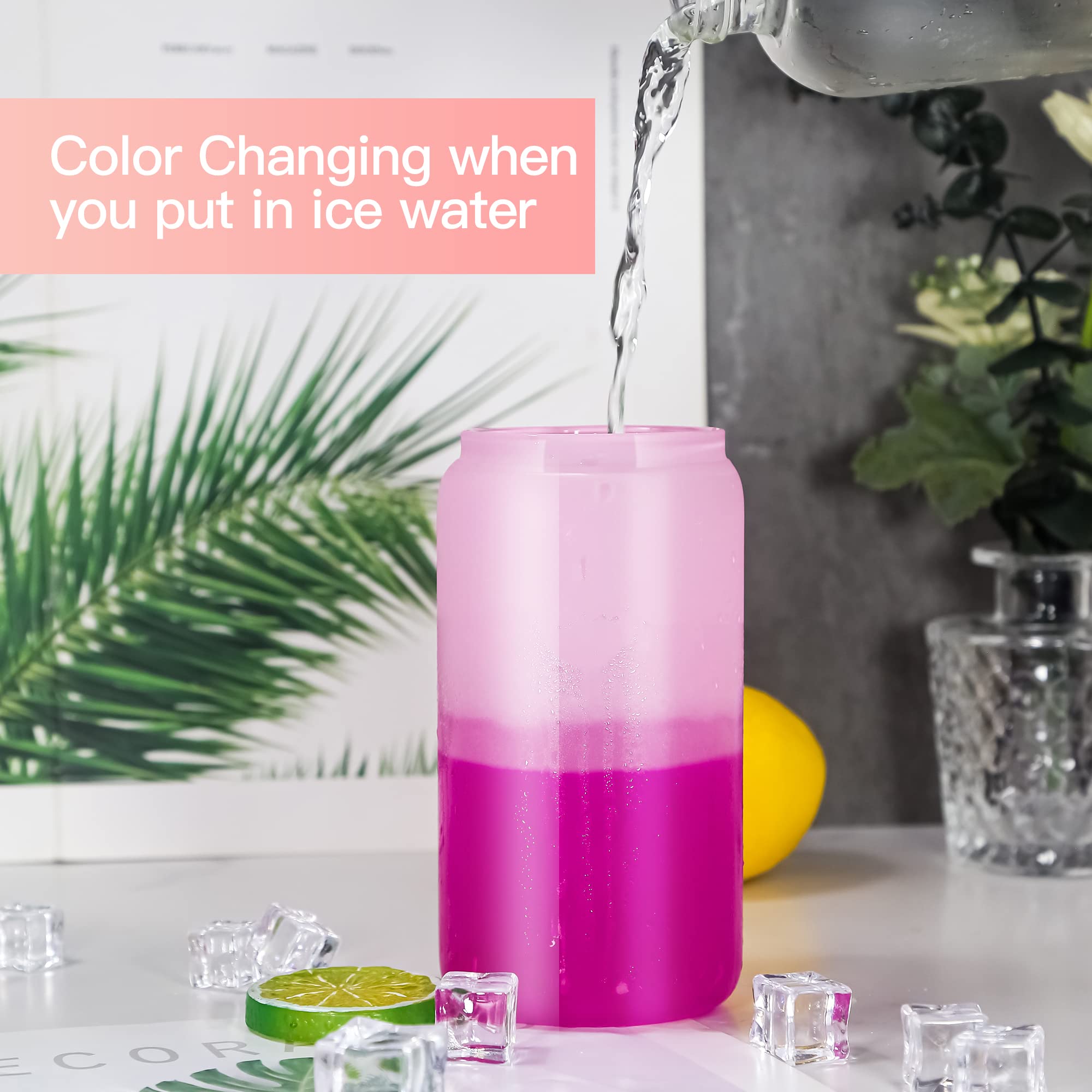 16oz Sublimation Glass Cups - Color Changing Beer Can Shaped Tumbler with Bamboo Lid & Straw (5-Pack) | BPA-Free, Dishwasher Safe | Perfect for Iced Coffee, Cocktails, and Outdoor Parties