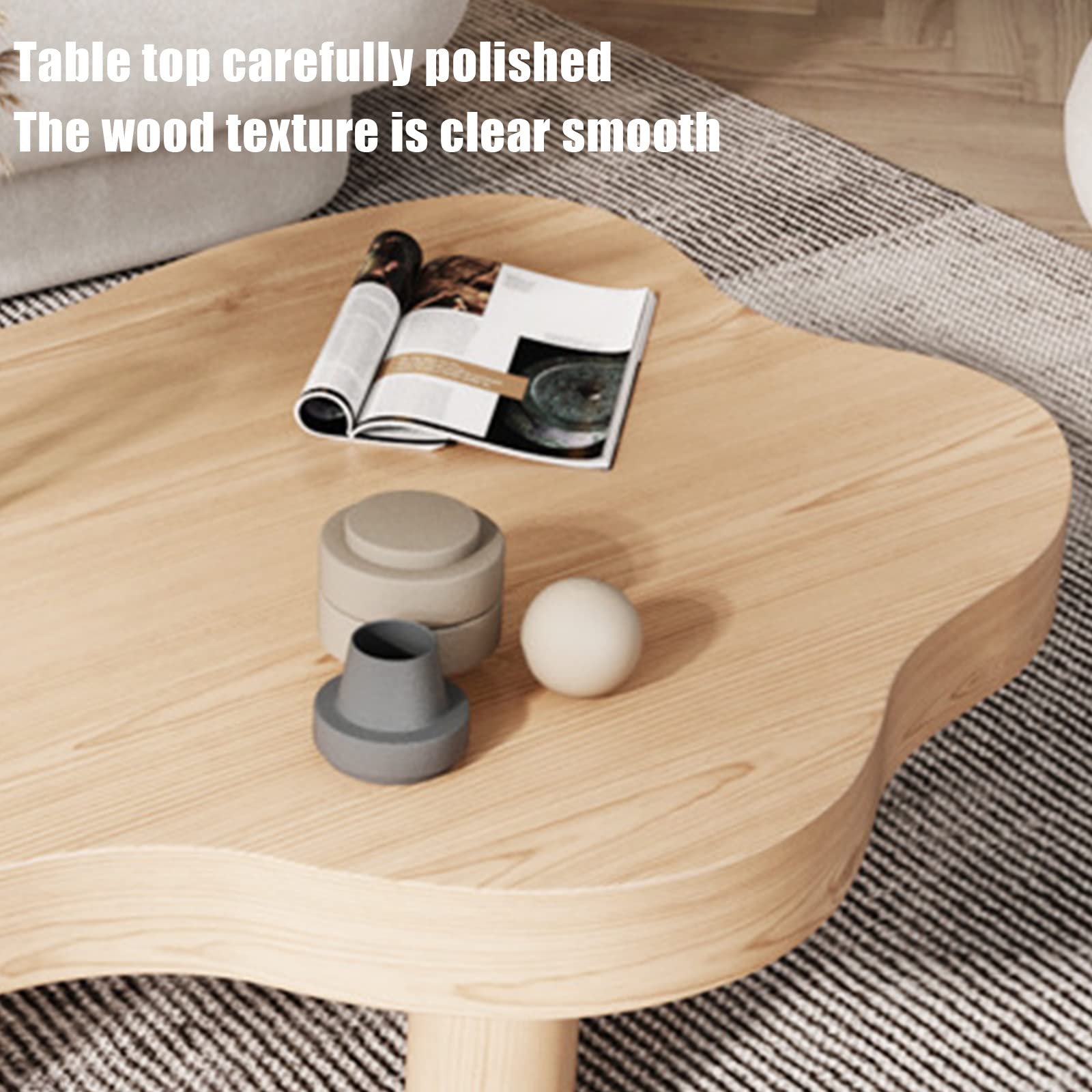 QQXX Cloud Shape Wood Coffee Table - Irregular Round Corner Thickened Modern End Table with 3 Legs for Living Room (31.5