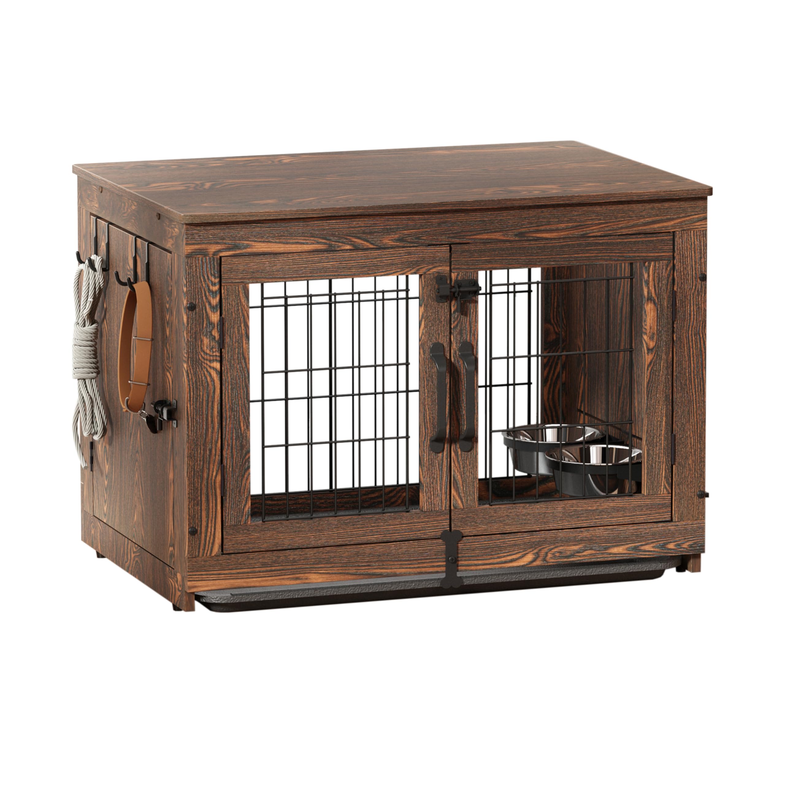 Piskyet Rustic Style Wooden Dog Crate Furniture - 360° Rotatable Removable Dog Bowls, Double Door Dog Kennel with Tray - End Table for Small to Medium Dogs (31.8