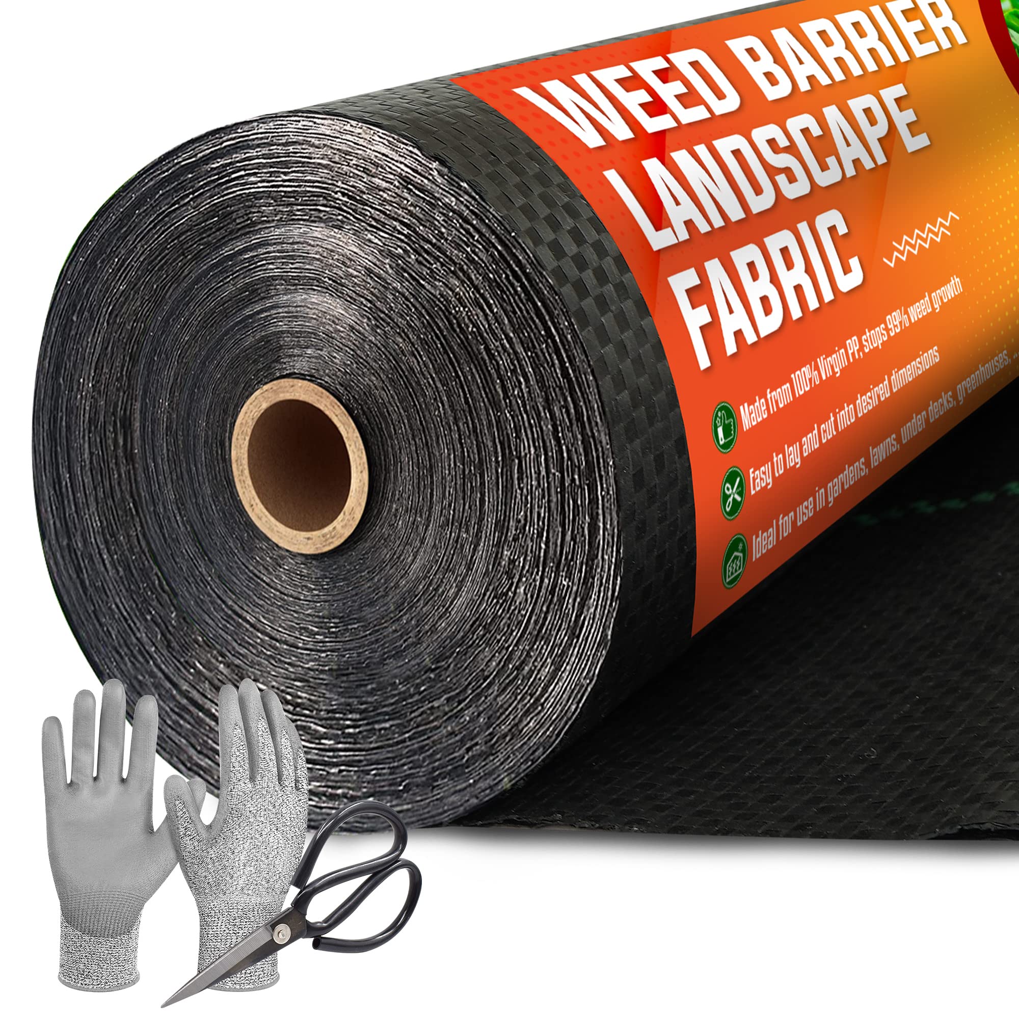 5ft x 500ft Heavy Duty Weed Barrier Landscape Fabric - Premium Weed Block Gardening Mat with Free Scissors & Gloves - Durable Ground Cover for Vegetable Gardens, Flower Beds & Landscaping Projects - Stops Weeds Naturally for Healthier Plants