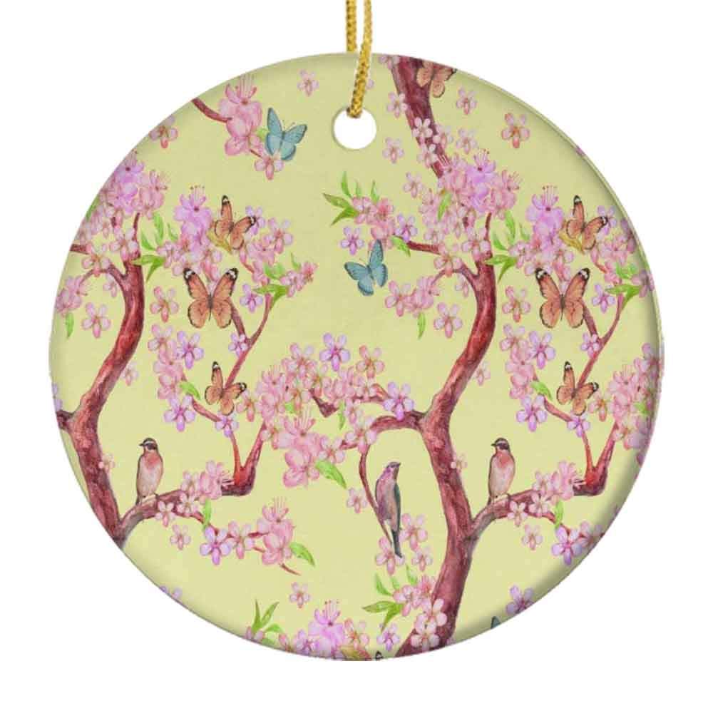 9 Pack Ceramic Christmas Ornaments - Spring Birds, Sakura Flower Tree & Flying Butterflies Decorations (2.85 Inch) for Holiday Xmas Tree, Home, Office & Gift Giving