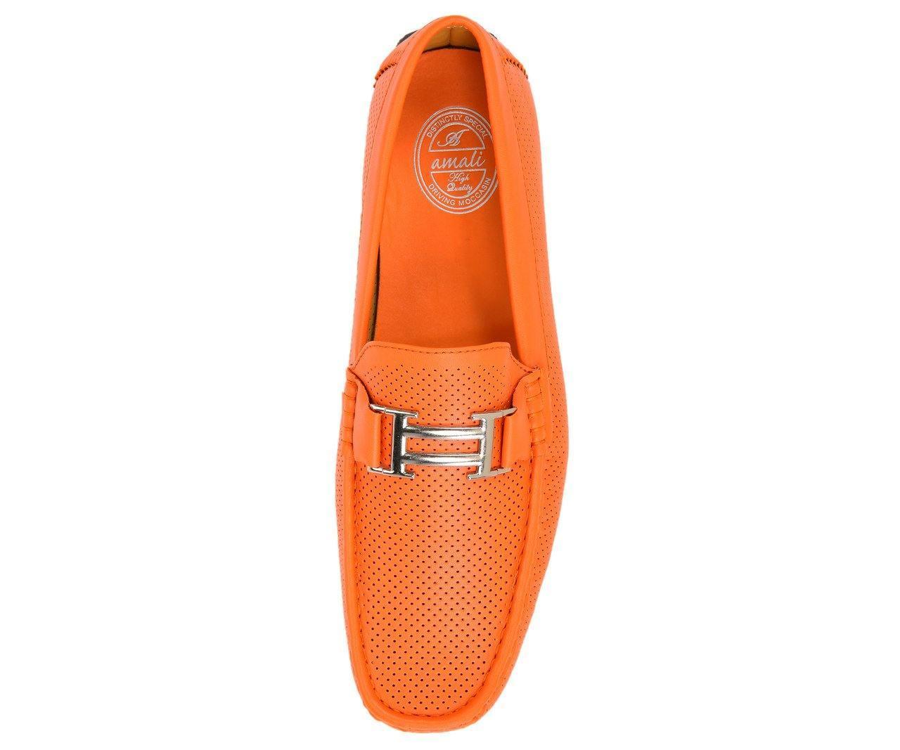 Men's Orange Perforated Smooth Driving Moccasin Loafers - Breathable Casual Slip-On Shoes for Driving, Work & Everyday Wear