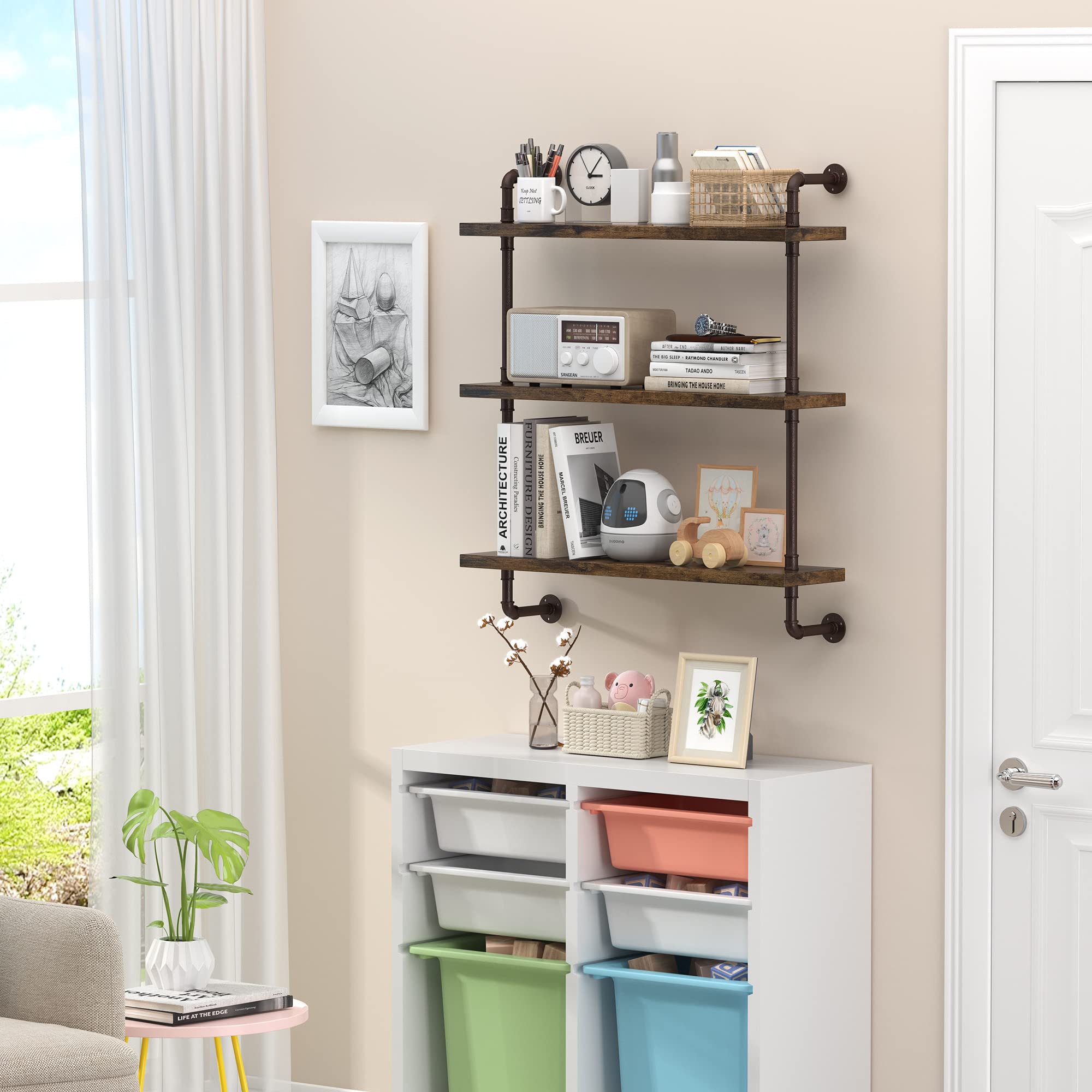 PUSDON 32 Inch Industrial Pipe Wall Mounted Shelving - 3 Tier Metal Floating Shelf in Bronze for Bathroom, Living Room, Office | Heavy Duty Storage Rack for Books, Decor, Plants | Farmhouse, Garage, Bar & Home Organization Solution