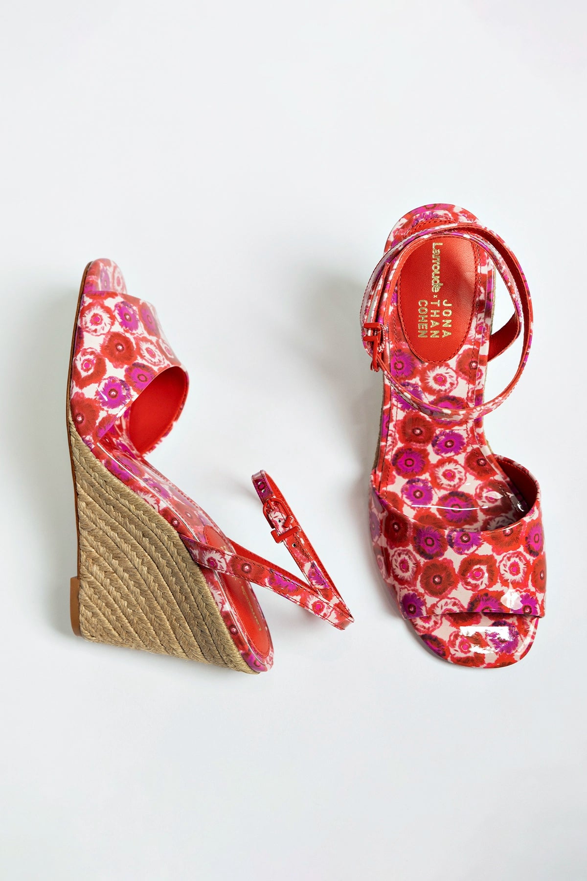 Larroudé x Jonathan Cohen Yves Wedge Sandals - Red Abstract Printed Patent Leather Heels for Women | Perfect for Parties, Weddings & Date Nights