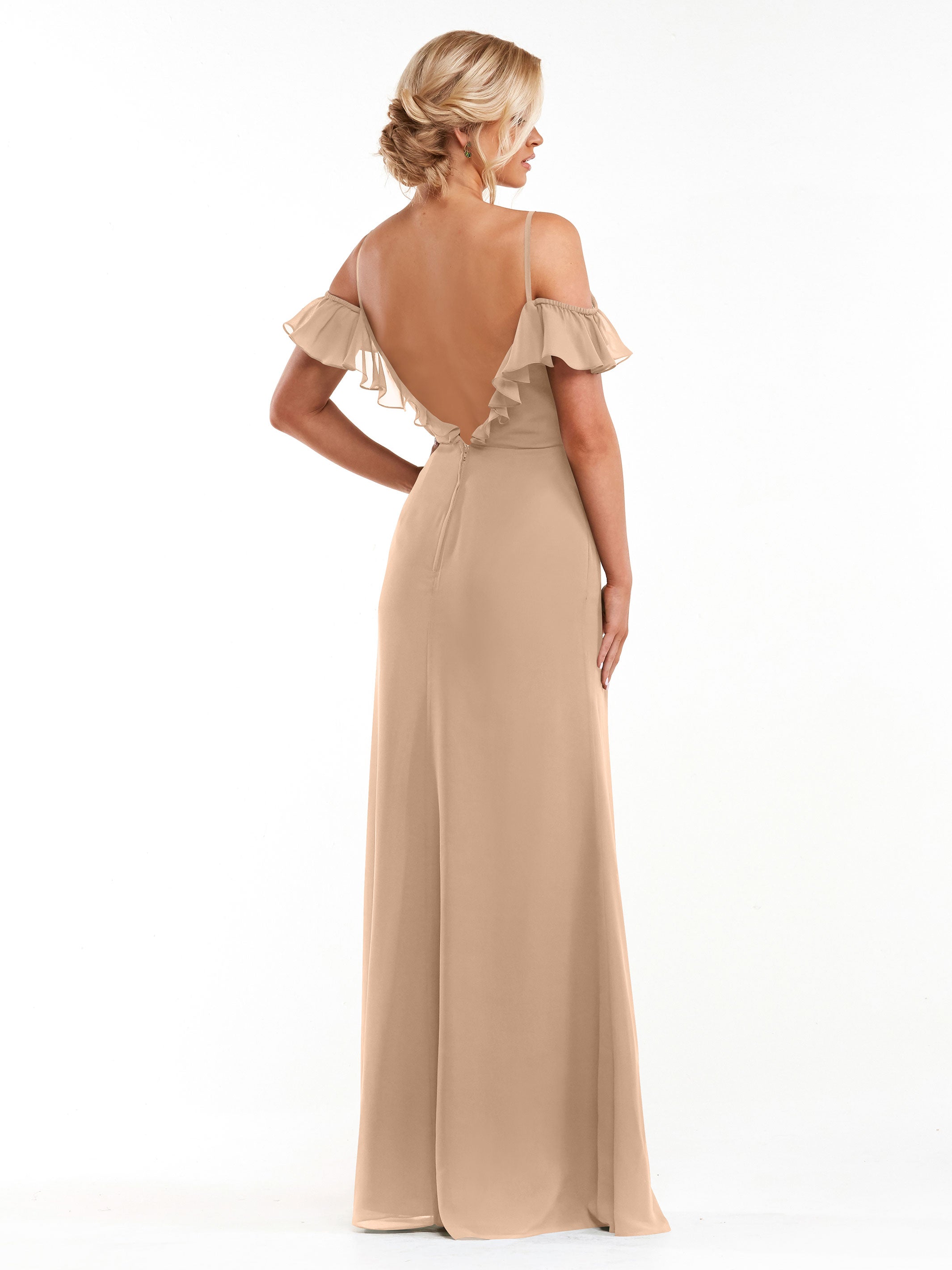 Elegant 80172 Chiffon Off-The-Shoulder A-Line Bridesmaid Dress with Ruffled Neckline - Perfect for Weddings, Formal Events & Evening Parties