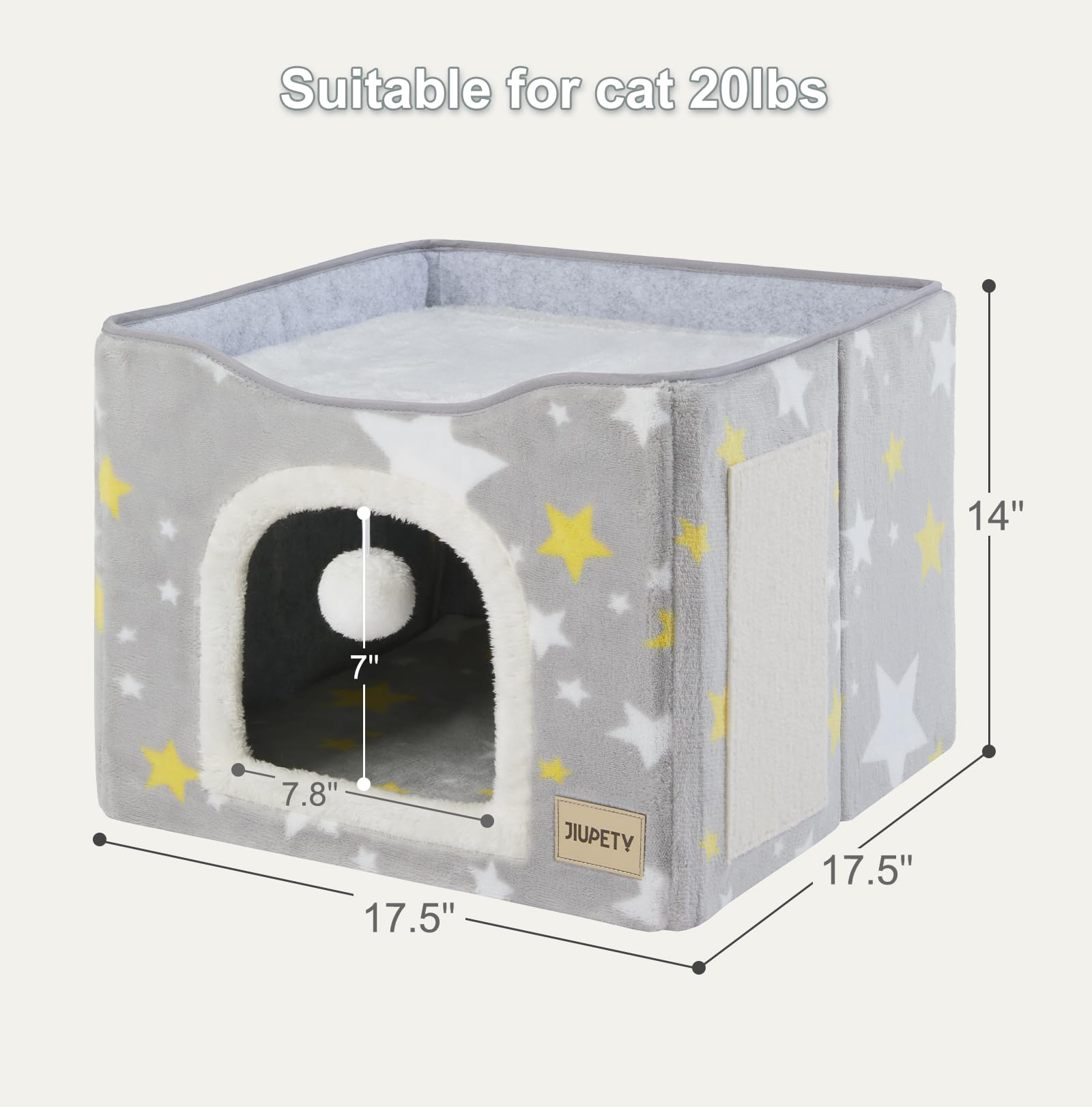 Jiupety Large Cat Bed for 2 Cats - Foldable Cat Cave Cube with Scratch Pad & Toy Ball - 17in Grey Indoor Cat House for Hideaway, Play & Sleep - Perfect for Kittens & Adult Cats in Living Rooms or Bedrooms