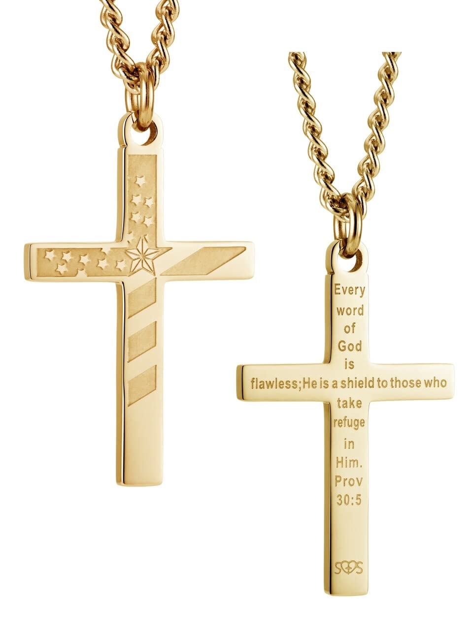 Shields of Strength Men's Stainless Steel or 14K Gold Plated American Flag Cross Pendant Necklace with Proverbs 30:5 Bible Verse - Christian Religious Jewelry Gift for Him - Perfect for Church, Daily Wear & Patriotic Occasions