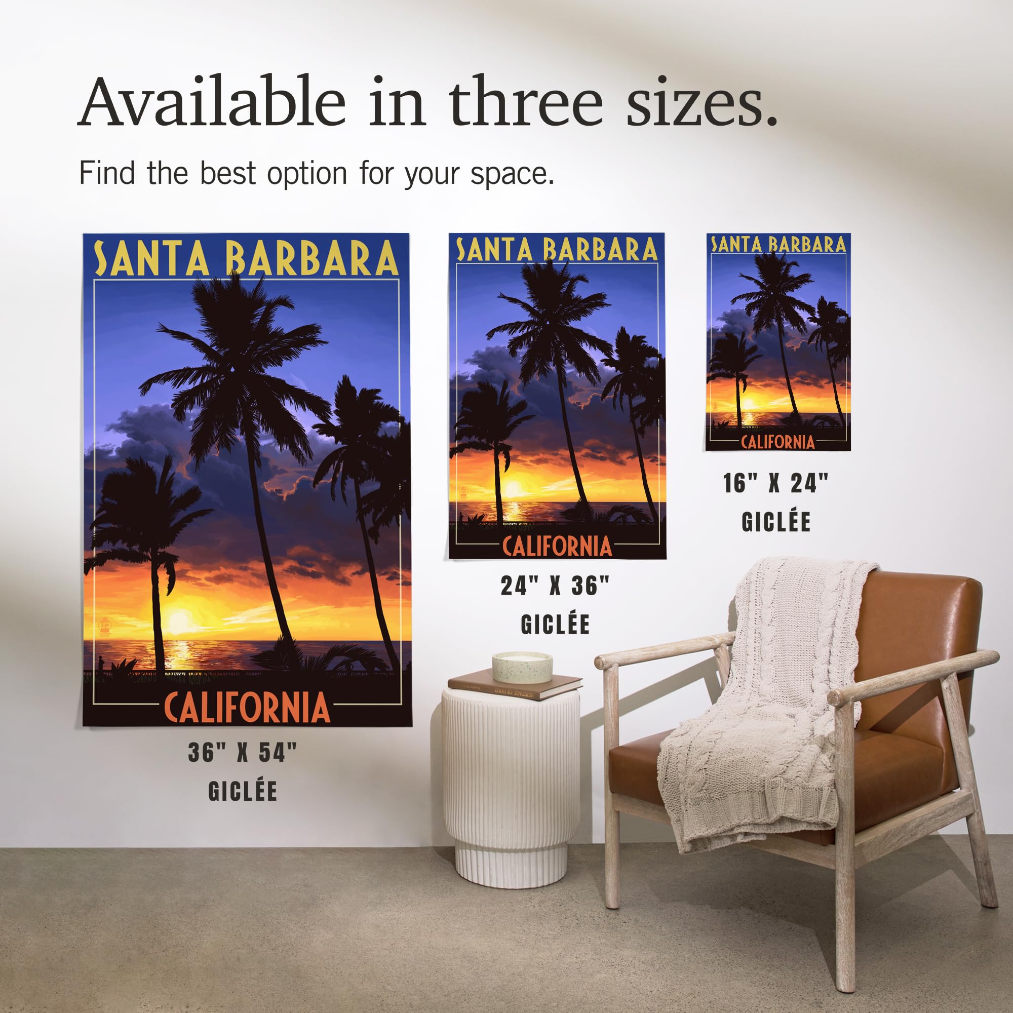 Lantern Press 16x24 Inch Giclee Art Print - Santa Barbara California Coastal Sunset with Palm Trees - Wall Decor for Living Room, Bedroom & Office