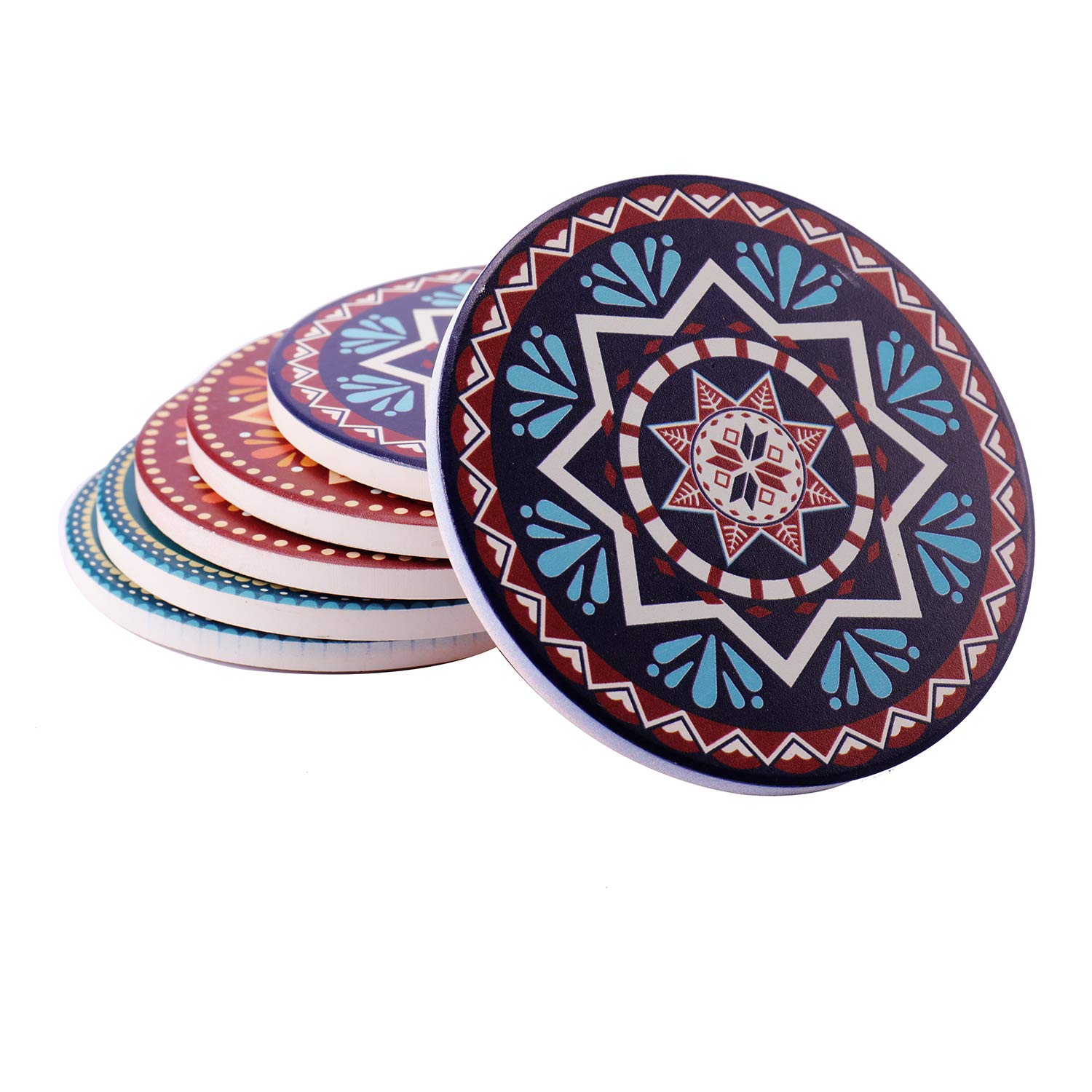6 Pack Absorbent Ceramic Coasters with Cork Back - Mandala Design Drink Coasters for Coffee, Tea & Beverages | Spill-Proof Cup Mats for Home, Office & Restaurant Use